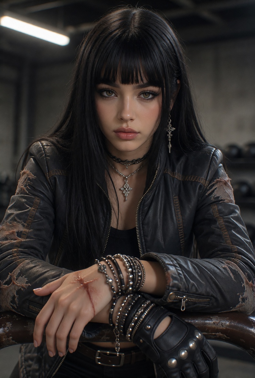 NylaX,  long straight black hair with blunt bangs,  . A 21-year-old ***** woman in a padded riding jacket with reinforced...