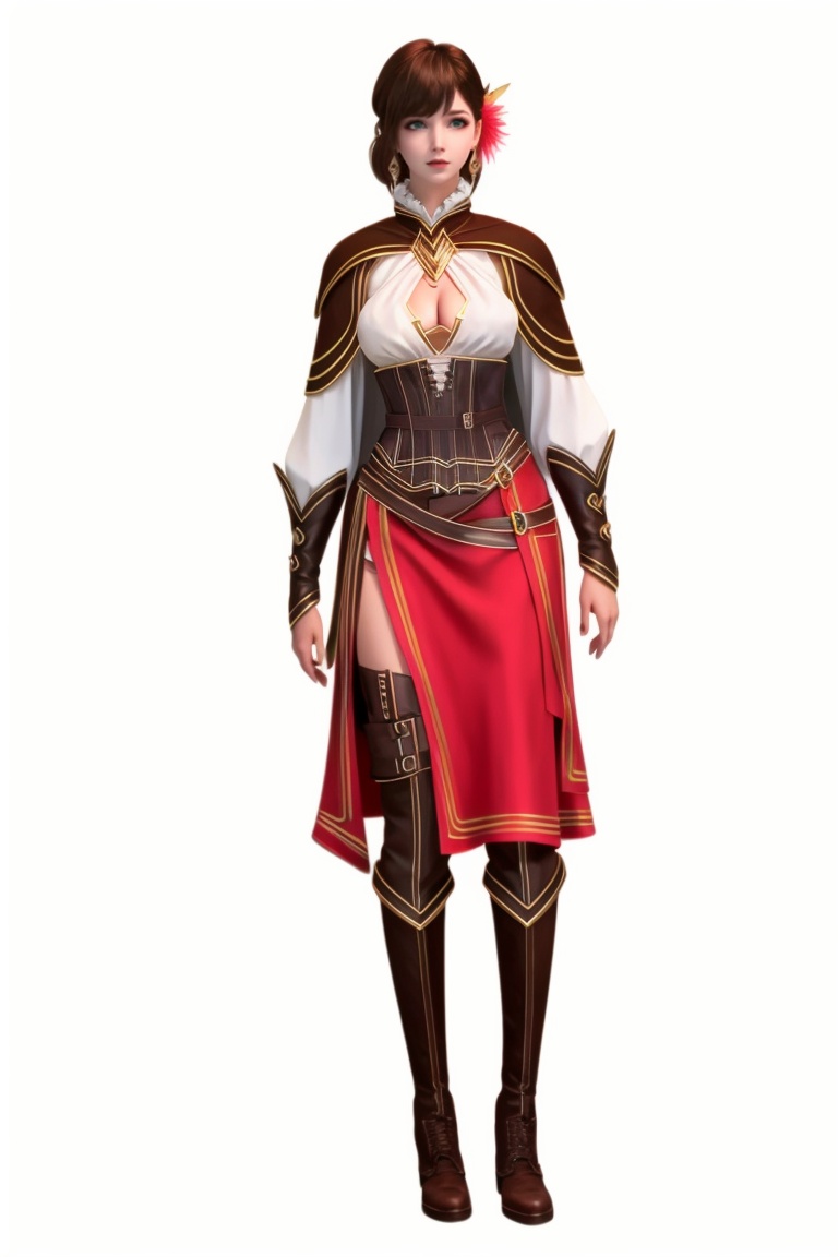 ((HRD, HUD, 8K)),((masterpiece, best quality)), highly detailed, soft light,1girl, solo, hair ornament, brown hair, short hair, bangs, green eyes, lips,jewelry, earrings,  breasts, cleavage, corset, cleavage cutout, cape, boots, simple background, (white background:1.2), full body, long legs, standing, looking at viewer,  <lora:20240403-1712109093604:0.73>