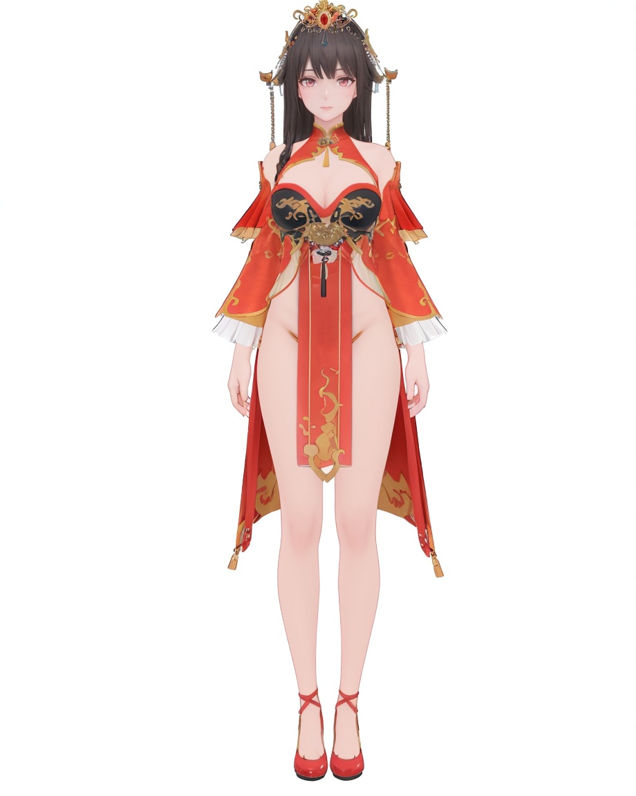 8k,best quality,masterpiece,(ultra-detailed),(high detailed skin),(by nanoless, by misumi \(macaroni\),:0.5),A full-body portrait of a young girl,standing gracefully,pastel art style,high-key lighting,shoujo manga influence,hd quality,delicate details,full body,full shot,standing,looking at viewer,(solo:1.2),simple background,white background,<lora:cbcnwed-sd-Tanger-000019:0.8>,yao,clothes: yao balck and red dress,2nd clothes,yao tiara with rubies,black hair,1girl,breasts,red footwear,see-through clothes,yao red panties,