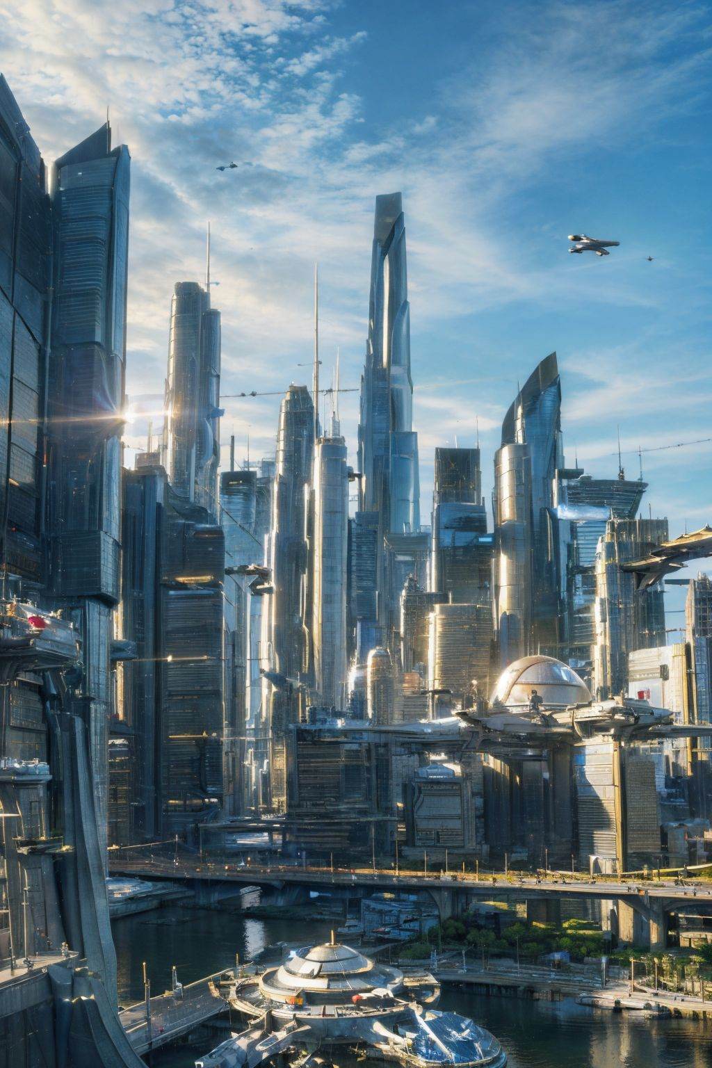 (masterpiece, best picture quality:1.3),realistic,SCI-FI City,scenery,science fiction,no humans,city,building,cityscape,sky,aircraft,outdoors,skyscraper,lens flare,cloud,spacecraft,sunlight,<lora:SCI FI City_20240127193551:0.8>,