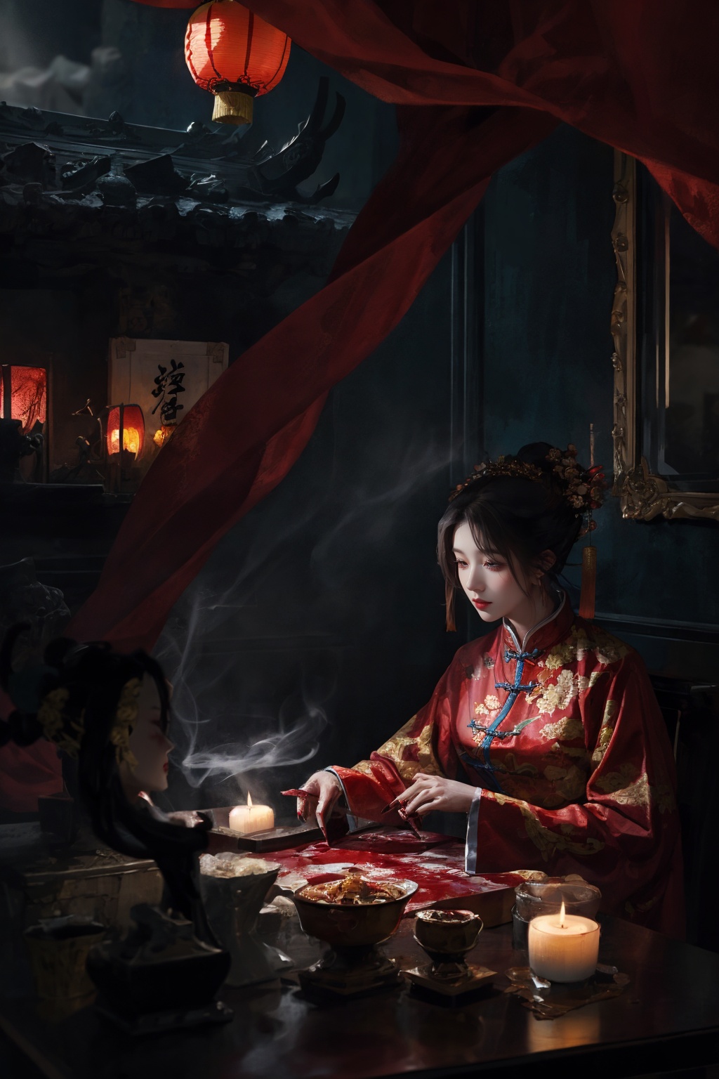 1girl,upper body,solo,Chinese architecture,Graveyard,haunted houseChinese architecture,haunted house,chinese lantern,horror,dark theme,night,smoke,red hanfu,mirror,coffin,<lora:麻袋2024恐怖:0.6>,blood,red clothes,, masterpiece,best quality,ultra-detailed,