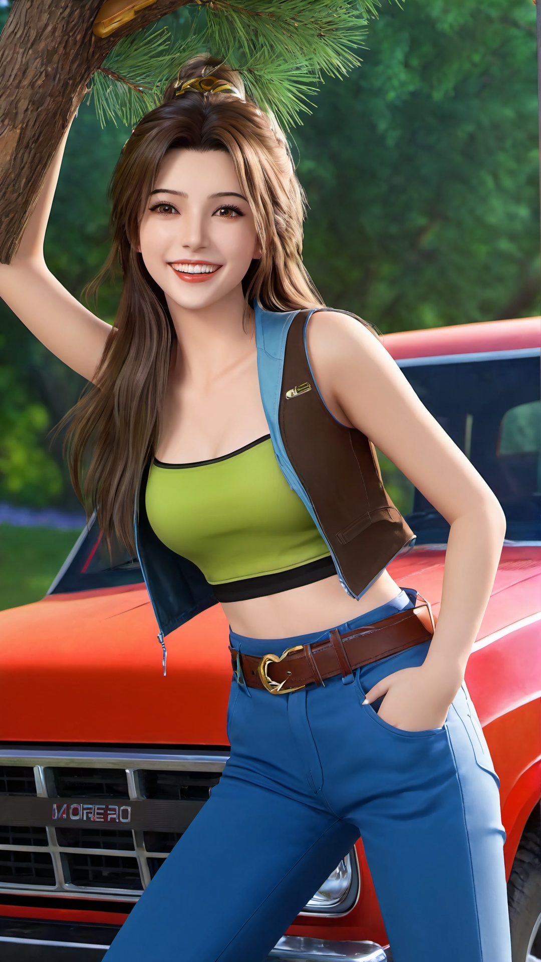 1girl,car,solo,motor vehicle,long hair,navel,ground vehicle,brown hair,belt,smile,brown eyes,outdoors,looking at viewer,realistic,tree,midriff,pants,tube top,photo background,vest,teeth,breasts,<lora:仙逆-王林-马良-李慕婉合一:0.83>,
