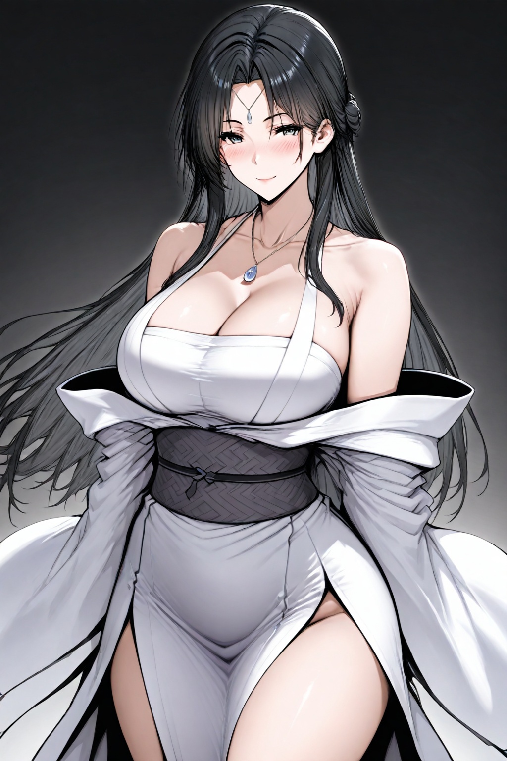 1girl,breasts,solo,black hair,long hair,cleavage,large breasts,bare shoulders,jewelry,looking at viewer,necklace,collarbone,off shoulder,japanese clothes,gradient,gradient background,parted bangs,sash,grey eyes,kimono,cowboy shot,bangs,closed mouth,white dress,thighs,smile,dress,long sleeves,white kimono,wide sleeves,blush,obi,side slit,standing,<lora:pei:1>,