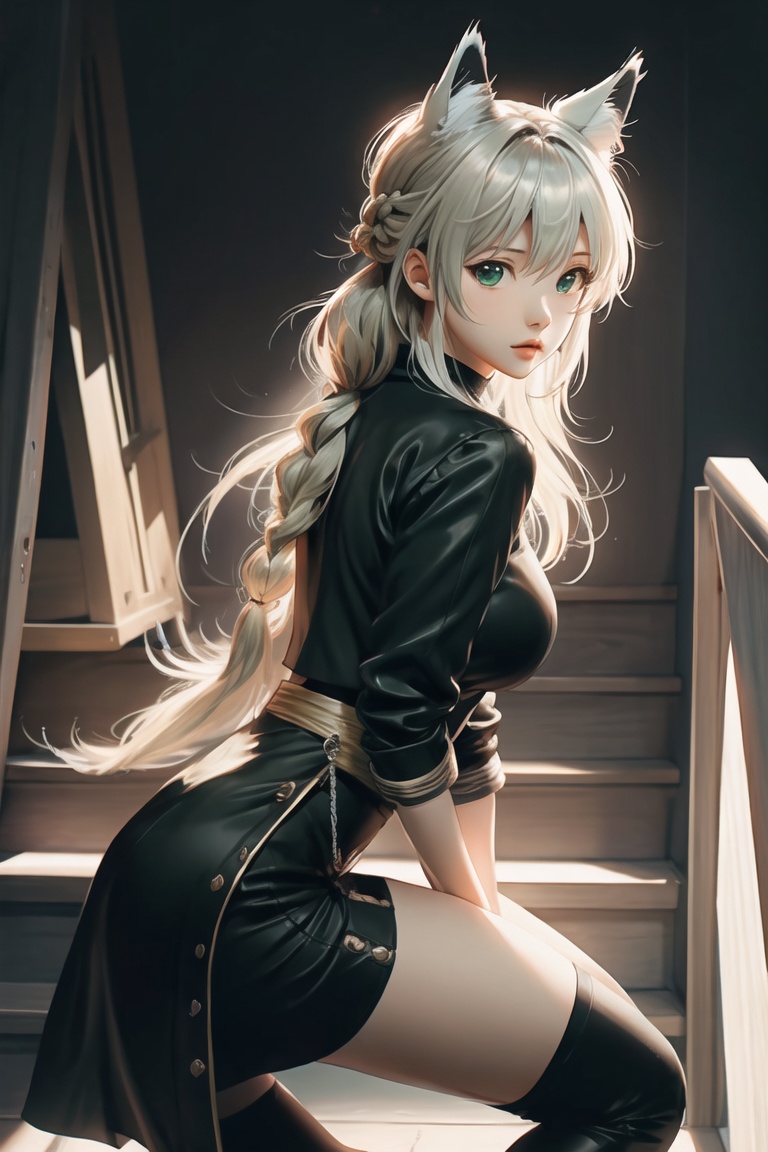 (masterpiece),best quality,from_side,Dark environment,Stand on one foot,Stand against the wall,One knee up,Lift one foot,Put foot against the opposite wall,1girl,shirakami fubuki,virtual youtuber,animal ears,fox ears,fox girl,white hair,fox tail,jacket,thigh strap,long hair,ahoge,bangs,braid,fur trim,green eyes,hair between eyes,stairs,sidelocks,looking at viewer,by anmi,