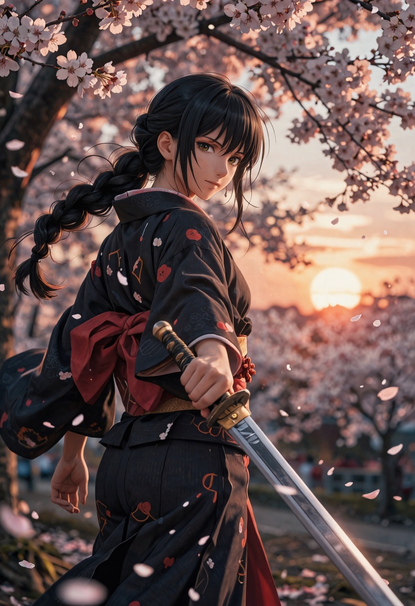 masterpiece,  anime swordswoman beneath falling cherry blossoms,  dramatic sunset on Tensor.Art