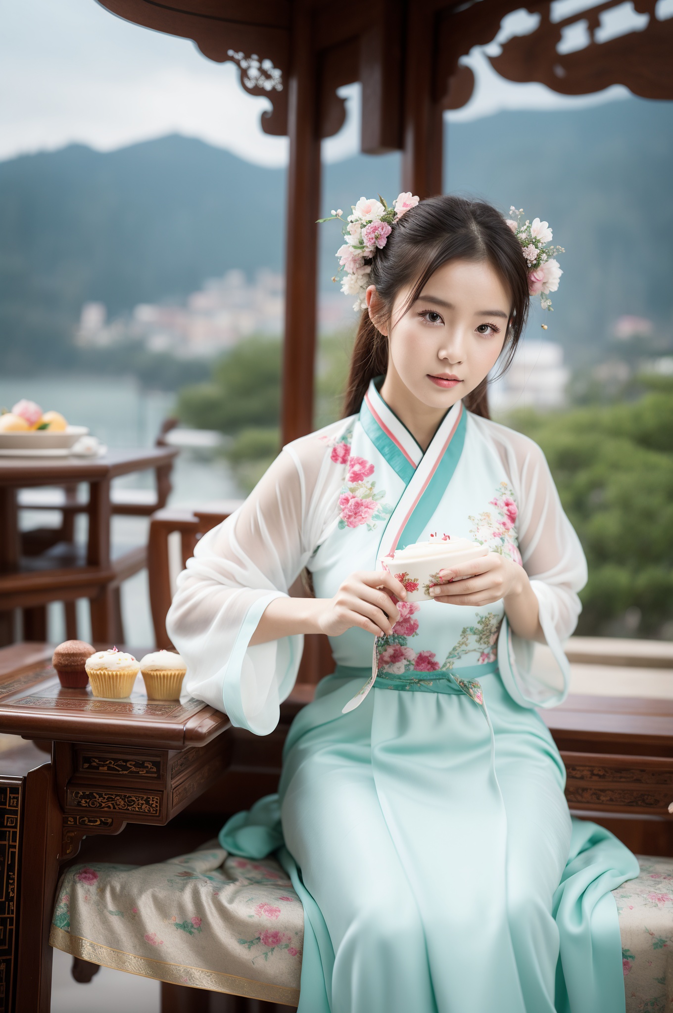 (masterpiece, top quality, best quality, official art, beautiful and aesthetic:1.2) ,cover art, (photo effect:1.5) ,girl,wearing hanfu,chinese_clothes, masterpiece, elegant, birds-eye-view shot of a Upside down Resourceful Turkish (icing:1.3) , Frantic Villa in background, flora, Snowing, Very wide view, Ultrarealistic, Tranquil, Auroracore, sharp and in focus, Iphone X, Low shutter, Agfacolor, delicate, Best quality, lots of details