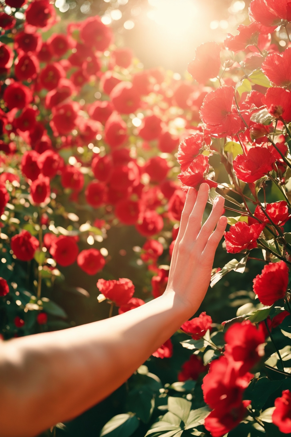 Camera film style, a serene moment where a human hand gently touches the petals of vibrant red flowers. The sunlight filters through the leaves, casting a warm and golden hue over the scene. The hand appears to be reaching out, perhaps in a gesture of appreciation or wonder, masterpiece,best quality,