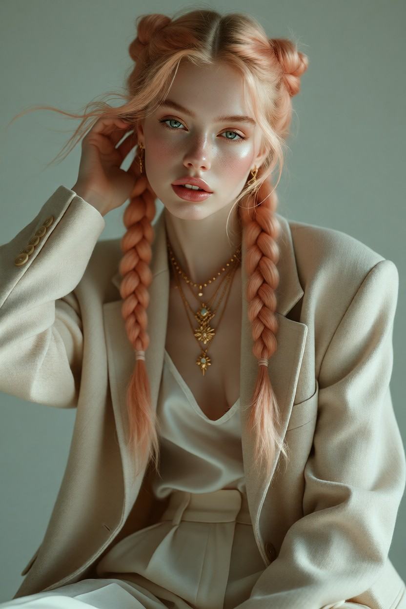 Willow,  a 19-year-old young woman with peach-colored hair styled in precise,  glossy twin-tail braids by Tianchimp on Ten...
