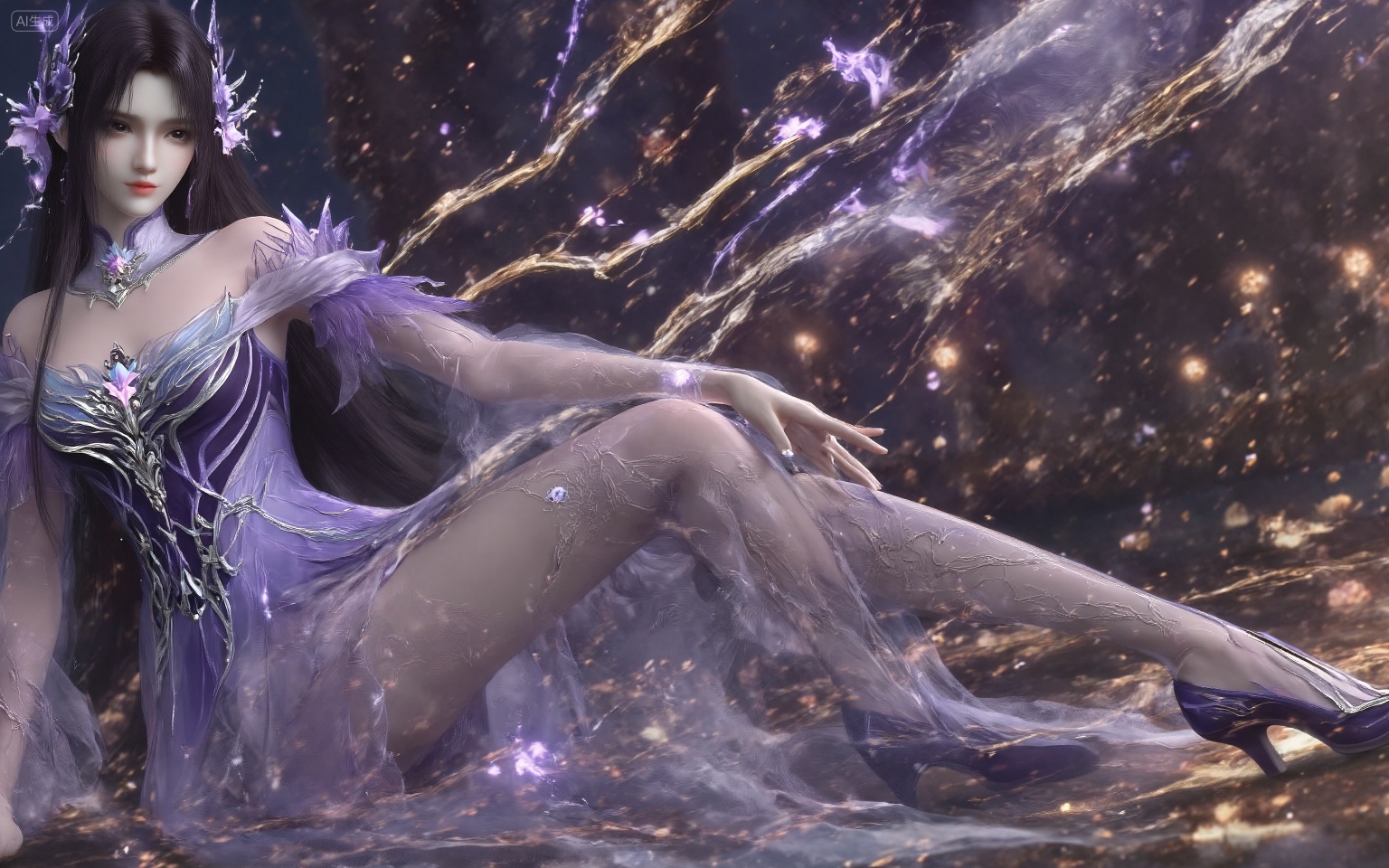 A digital artwork of a beautiful,ethereal woman with long,dark hair and pale skin,wearing a flowing,purple,semi-transparent dress adorned with intricate floral patterns and glowing purple accents. a woman's legs in elegant,sheer purple stockings adorned with intricate floral patterns and silver accents,paired with matching high-heeled shoes.,, She sits on the ground with her legs extended,one leg bent at the knee and the other stretched out,showcasing the length and shape of her legs. Her feet are pointed,enhancing the elegance of her pose. Her arms are gracefully positioned,one resting on her bent knee and the other extended along her body,adding to the fluidity and grace of her posture. The overall pose is one of relaxed confidence and sensuality.,, best quality,astonishing quality,ultimate aesthetics,absurd,best quality,ultimate aesthetics,masterpiece,emotional masterpiece,extraordinary above all,mastery of details,, Negative prompt: ng_deepnegative_v1_75t,(badhandv4:1.2),EasyNegative,(worst quality:2),,nsfw, Steps: 30, Sampler: DPM++ 2M, CFG scale: 3.5, Seed: 3403468201, Size: 1536x960, Model hash: 062dad72b2, Model: 麦橘超然majicFlus_v1.safetensors, Denoising strength: 0, RNG: CPU, Lora 1: 《金芒逸凤》唯美古风主题风格化lora|摄影|海报设计, Lora Hash 1: 779d600c15, Lora Weight 1: 0.7, Lora 2: MAJICFLUS_麦橘光影约拍, Lora Hash 2: 158a204aee, Lora Weight 2: 0.7, Lora 3: 极致逼真美感模型, Lora Hash 3: 3ef31b4d84, Lora Weight 3: 1.05, Controlnet 0: "preprocessor: depth_anything, model: InstantX-FLUX.1-dev-Controlnet-Union-Pro-2.0, weight: 0.6, starting/ending: (0.0, 0.6), resize mode: Crop and Resize, pixel_perfect: False, control mode: Balanced, preprocessor params: (512, None, None)", vae_name: automatic