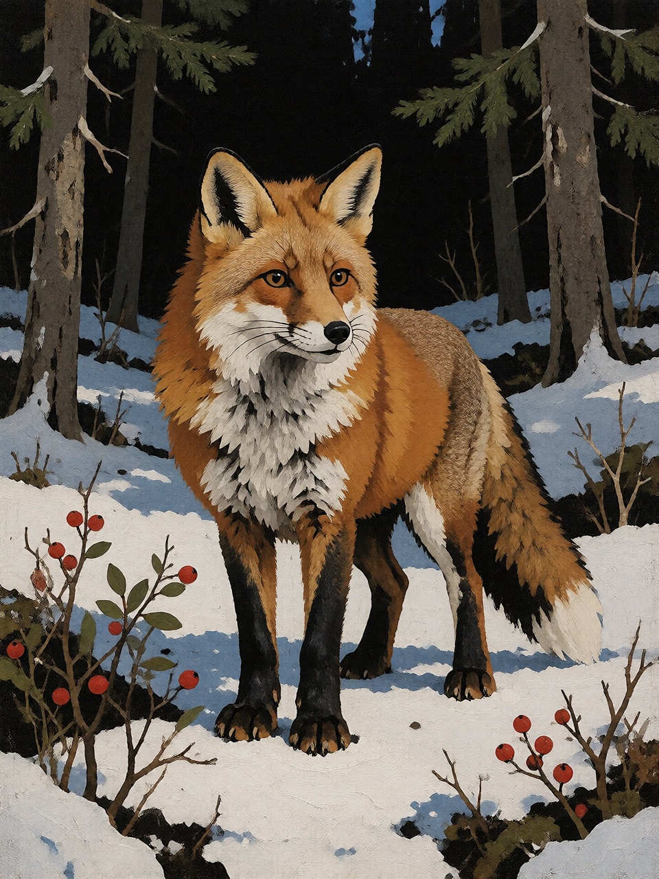 A red fox standing alert in a snowy forest clearing,  surrounded by black tree trunks and evergreen branches. Small red be...