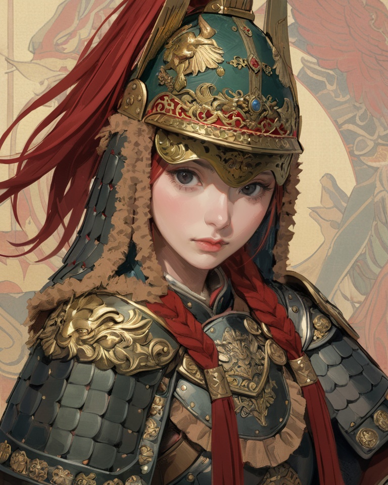(best quality), ((masterpiece)), (highres), illustration, original, extremely detailed,   <lora:ACG ART3_XL:0.7>solo, 1girl, armor, helmet, looking at viewer, closed mouth, red hair, black eyes, upper body