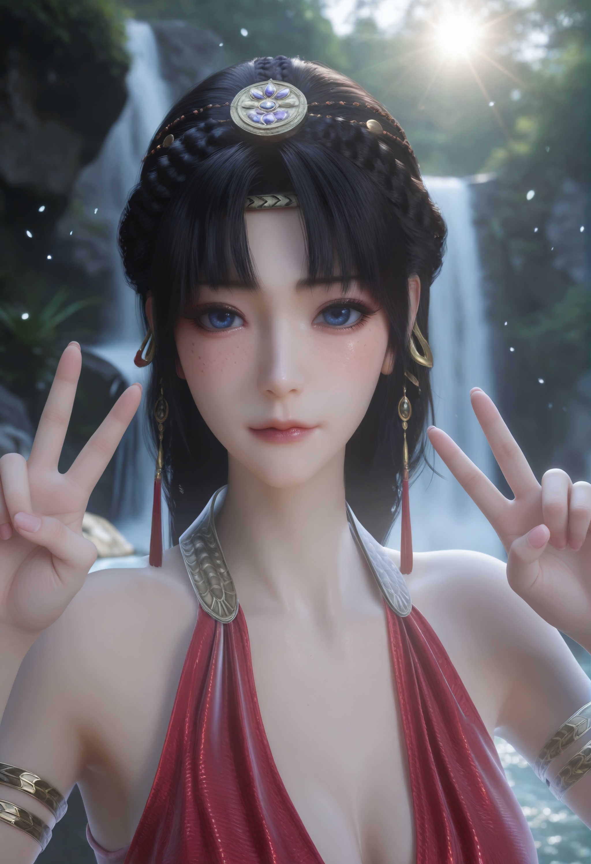 (score_9),upper body,<lora:研丽-Apony:0.86>,yanli,solo,black hair,braid,hair ornament,armlet,freckles,blue eyes,bangs,sleeveless dress,looking at viewer,double v,1girl,skinny,mature,glamor,collarbone,large breasts,outdoors,waterfall,light rays,light particles,softened light,<lora:perfect-eyes:0.8>,<lora:e色温:0.5>,<lora:Expressive_H:0.8>,<lora:e肤色滑块:0.5>,<lora:SkinRealityOrg_ponyv6_loraplus:0.2>,real skin,