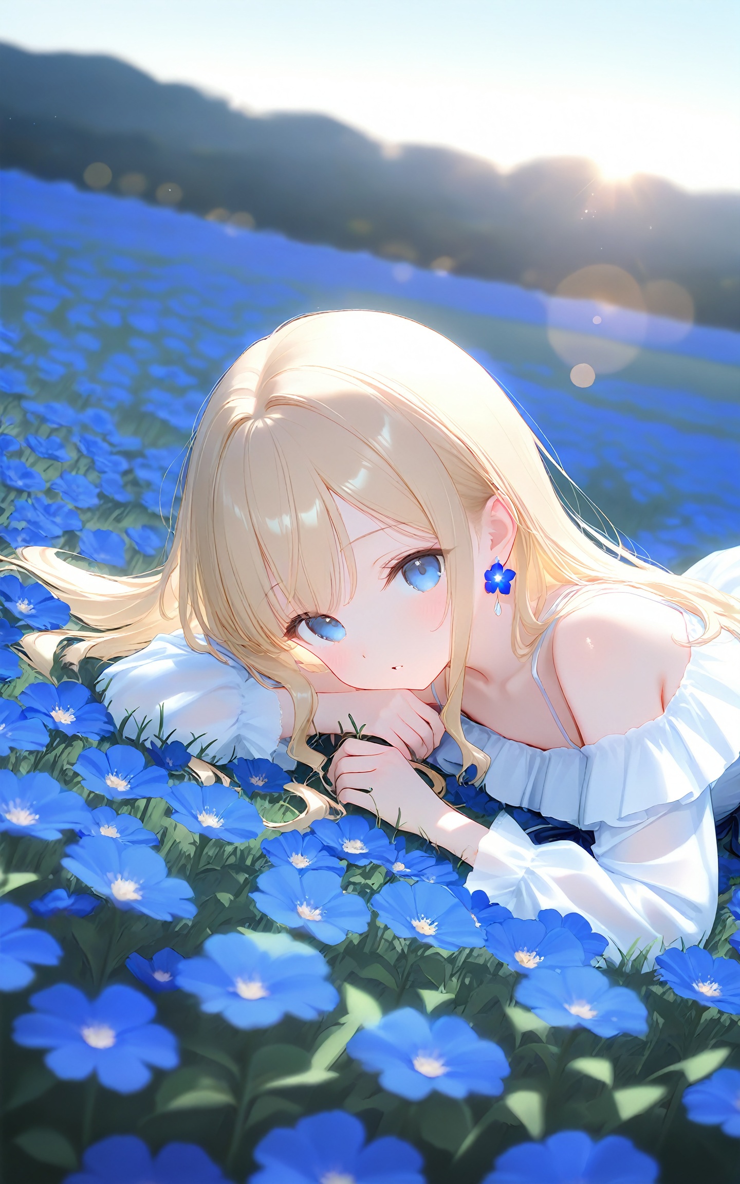 masterpiece,best quality,high quality,chromatic_aberration,Light Blue Theme,//,1girl,solo,lying,blonde hair,long hair,earrings,dress,looking at viewer,white dress,jewelry,on stomach,off shoulder,flower,collarbone,blue eyes,flower field,bare shoulders,long sleeves,off-shoulder dress,blue flower,blush,field,parted lips,blurry,outdoors,frills,sidelocks,//,year_2023,year_2024,//,official art,depth of field,detailed light,blurry background,cinematic lighting,ray tracing,amazing quality,very aesthetic,backlighting,photo background,chromatic aberration,volumetric lighting,depth of field,blurry background,shiny skin,cinematic lighting,day,very aesthetic,