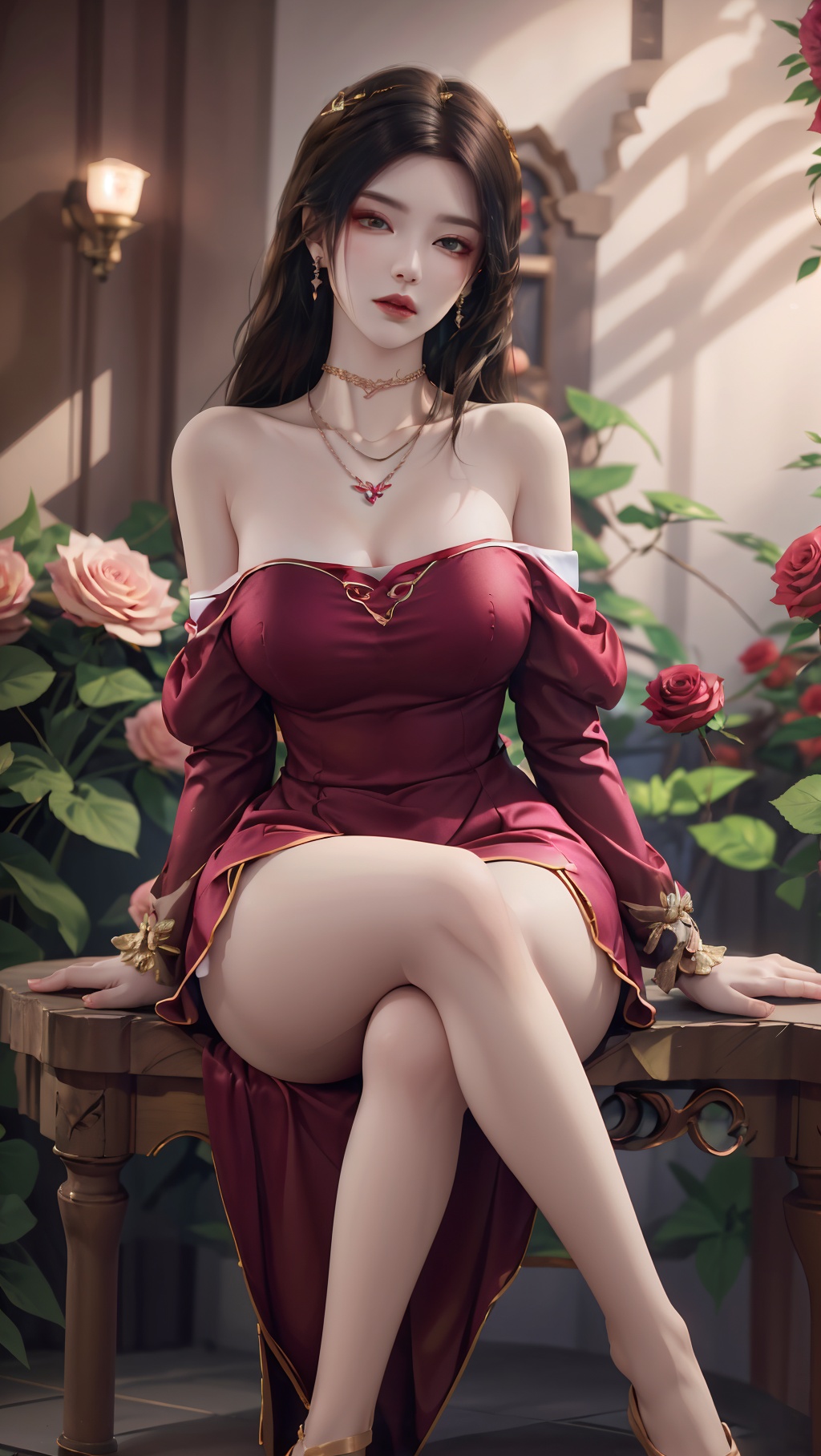 <lora:meidx:1>,1girl,dress,flower,solo,brown hair,pink dress,sitting,rose,plant,long hair,blurry,bare shoulders,pink flower,jewelry,pink rose,necklace,depth of field,off-shoulder dress,parted lips,off shoulder,breasts,looking at viewer,collarbone,lips,vines,strapless,princess,strapless dress,blurry foreground,full body,earrings,