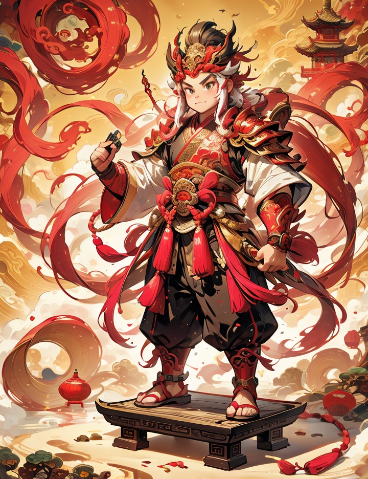 Thick color style, ancient Chinese mythology style, 1boy, holding a red tassel gun, wearing pink armor, stepping on fire wheels on his feet, cute