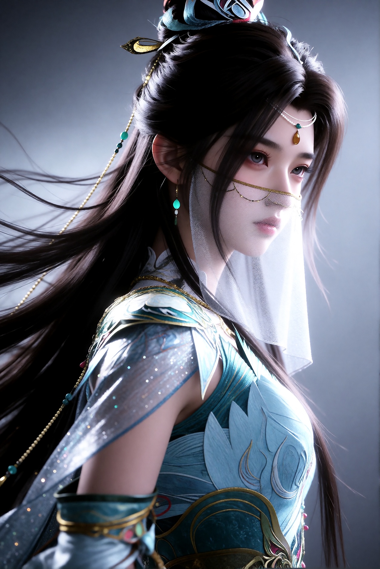 1girl,  long,  dark brown hair styled in an elaborate updo with gold and green hair accessories.A delicate on Tensor.Art