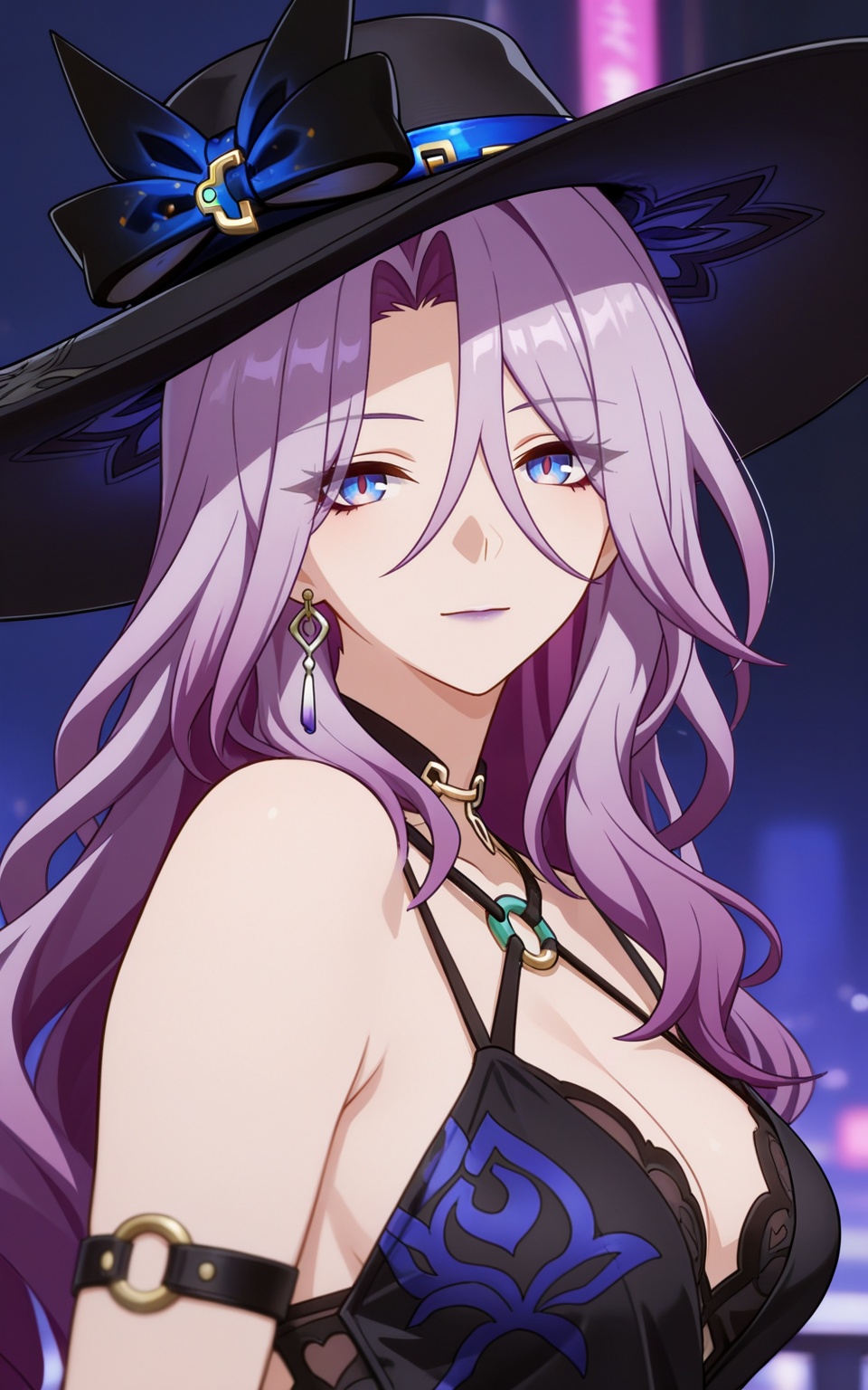 depth of field,masterpiece,best quality,very aesthetic,alternate costume,alternate costume,2024,2023,perfect composition,ultra-detailed,extreme aesthetic,masterpiece,best quality,good quality,newest,year 2024,year 2023,very aesthetic,absurdres,looking_at_viewer,colorful,<lora:翡翠·衣服百搭ILL:0.6>,jade \(honkai: star rail\),purple hair,long hair,eyes visible through hair,hair between eyes,blue eyes,purple eyes,purple lips,hat,hat bow,hat flower,hat ribbon,long hair,multicolored hair,gradient hair,streaked hair,upper_body,