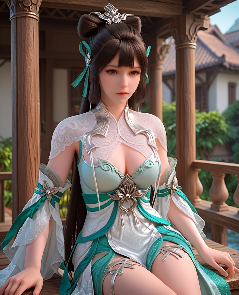 (oriental architecture, elegant decor, sophisticated style:1.1),Sitting on a swing, leaning forward, showing playfulness and joy,,(breasts:1.2),<lora:XL完美世界雨紫陌:0.9>,1girl,solo,see-through vest,aloes green corset,green ribbon,detached sleeves,white overskirt,side slit maxiskirt of green,black hair,long hair,hair ornament,hair bun,bangs,cleavage cutout,, zPDXL2, score_9, score_8_up, score_7_up BREAK realistic, masterpiece,best quality, highly detailed,, zPDXL3, zPDXL2,zPDXL, zPDXLxxx, zPDXLrl,