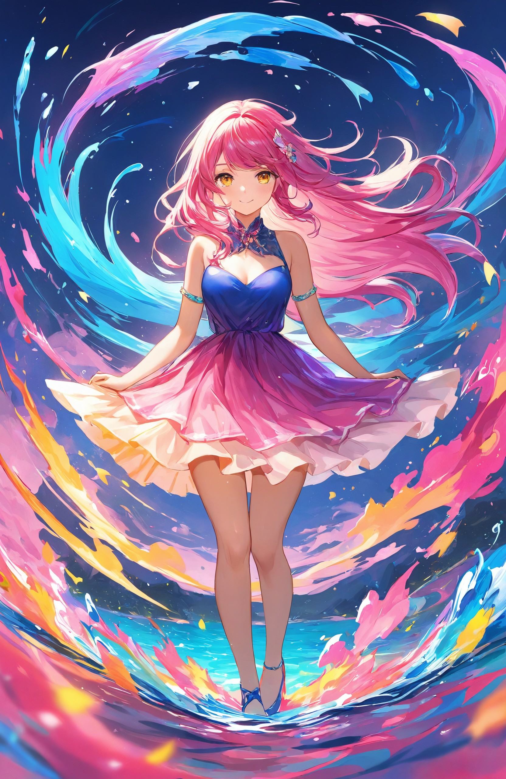 "Vibrant anime art style, showing a young girl with long, flowing hair in vivid shades of pink, blue, and yellow, standing in the midst of swirling water. Her dress appears to merge with the water, creating a dynamic flow of colors around her. The scene is bright and lively, with a surreal mix of vibrant hues creating a sense of movement and energy, as if she embodies the spirit of the water."