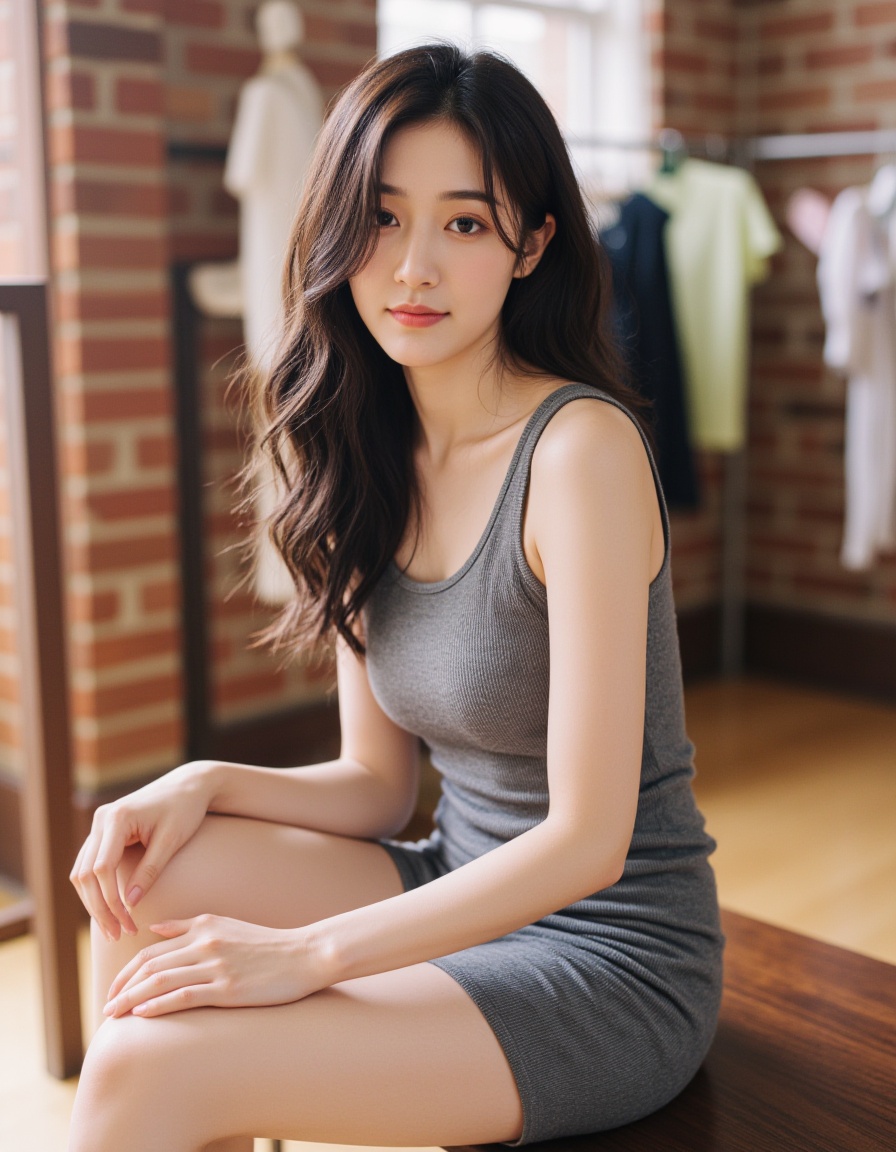 The image is a high-resolution photograph,Vibrant colors infused with mixed colorism,polaroid portrait photography,a young chinese woman with long,wavy dark brown hair and fair skin chills on a wooden bench in a sunlit room. She's rocking a snug,sleeveless grey mini-dress that shows off her curvy bod and medium-sized boobs. The backdrop features a brick wall and some hanging clothes.