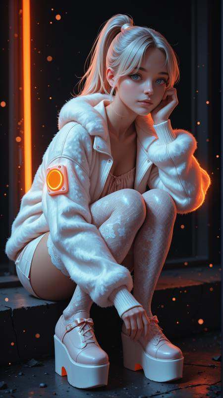 high_quality, best_quality, highres, masterpiece, detailed_eyes, professional, detailed, subject_focus, depth_of_field, woman, blue neon, orange neon light, cinematic, glowing skin, dark background, moody, parted bangs, sitting, low_squat, three-quarter_view, pastel_lace_thighhighs_with_bow_accents, platform_shoes, dress, fluffy_jacket, ruffles, ponytail looking at viewer, front particles,