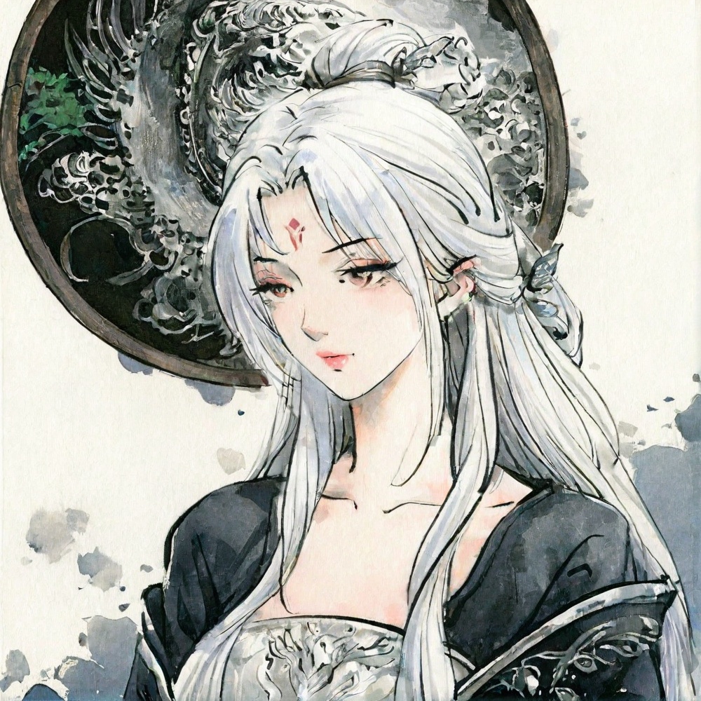 ((very awa)),solo,highly detailed,(best quality),((masterpiece)),1girl,upper_body,long hair,forehead mark,xiaobai,mature_female,<lora:小白nbXL:0.8>,white hair,chi,<lora:鸽正则nbXL:0.2>,ge,mature_female,<lora:chi正则100nbXL>,painting \(medium\),traditional media,