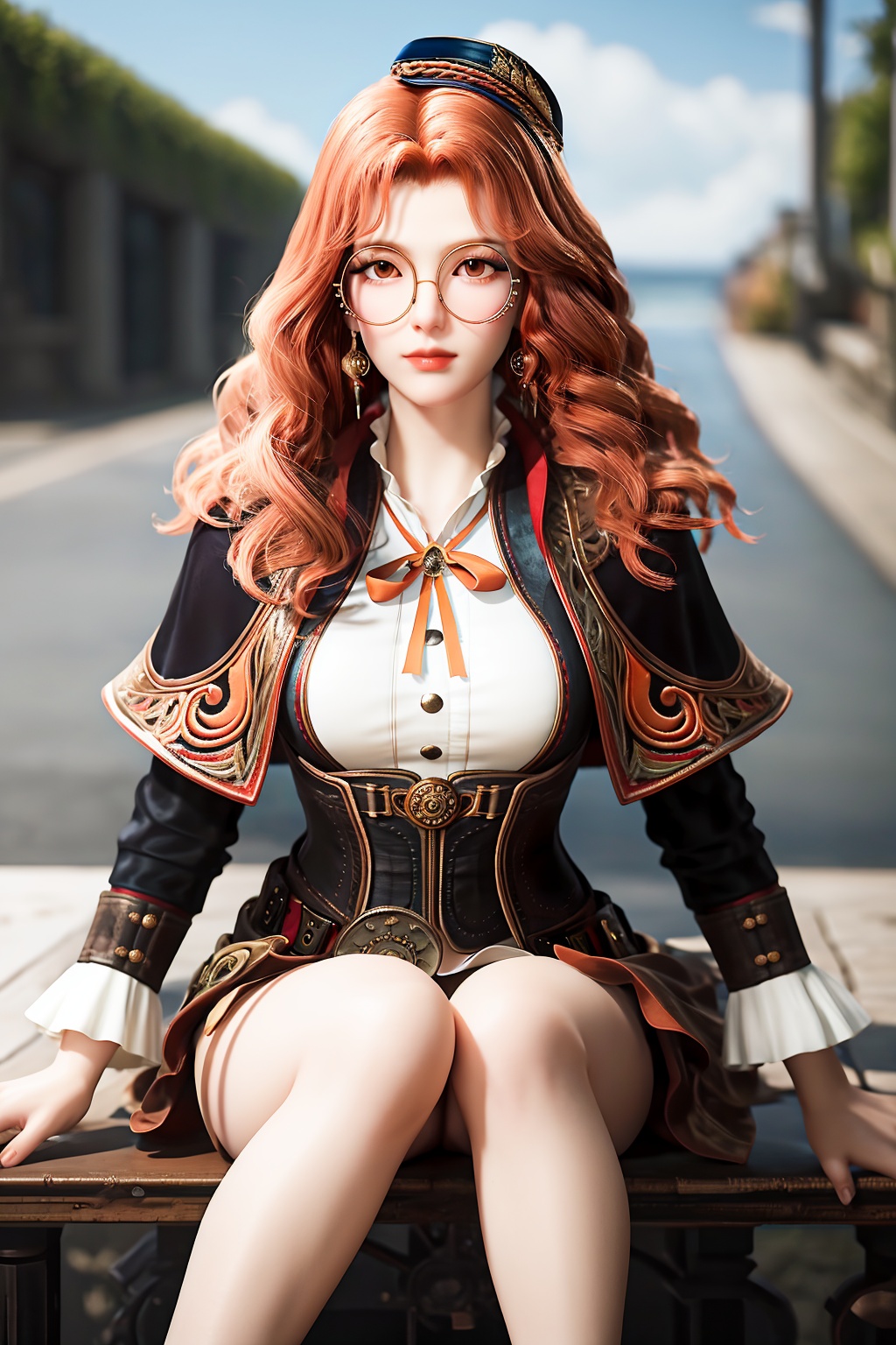 (best quality,masterpiece:1.2),ultra detailed,8k,RAW photo,realistic,photorealistic,ultra-detailed,intricate detail,extremely detailed,delicate pattern,looking at viewer,<lora:C_绝世唐门_橘子_JUNE:0.7>,1girl,solo,juzi,hat,glasses,long hair,jewelry,earrings,curly hair,wavy hair,round eyewear,mini hat,orange hair,belt ,ribbon,capelet,long sleeves,corset,standing,sitting, 