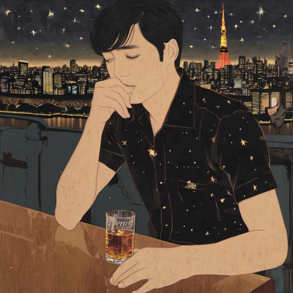 <lora:ukiyo-e_xl_v2:1>,solo,short hair,brown hair,shirt,1boy,holding,sitting,closed eyes,male focus,sky,collared shirt,pants,indoors,cup,window,night,chair,table,bottle,building,star \(sky\),night sky,holding cup,alcohol,sleeves rolled up,drinking glass,watch,city,drinking,glass,wristwatch,cityscape,city lights,whiskey,1girl,black hair,profile,black pants,a young individual,possibly male,sitting at a bar counter,he is sipping from a glass which contains a golden-colored liquid possibly whiskey,the bar counter is adorned with a variety of bottles and each labeled with different brands and types of alcohol,the backdrop reveals a breathtaking view of tokyo tower illuminated against a night sky filled with stars,the city lights shimmer casting a warm glow on the scene,the ambiance is serene with a touch of nostalgia,suggesting a moment of reflection or relaxation for the individual,young individual,bar counter,golden-colored liquid,bottles,brands,tokyotower,stars,ambiance,reflection,负向提示