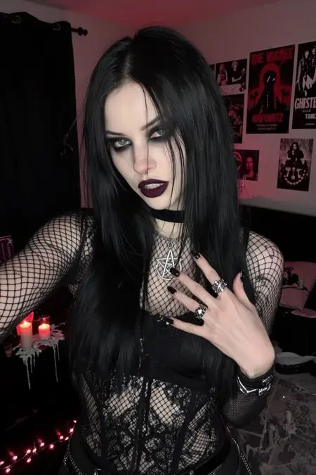 A pale goth girl in her early twenties takes a selfie with a moody, sultry expression. She has sharp features, dark hooded eyes with heavy black eyeshadow and smudged liner, and deep burgundy lips. Her long black hair is straight and slightly messy, with a few strands framing her face.She's wearing a black lace top layered over a fishnet shirt, silver pentagram necklace, and chunky rings. Chipped black nail polish on coffin-shaped nails.Her bedroom is dark and cluttered—black curtains, band posters of The Cure and Bauhaus, melted candles on the nightstand, and fairy lights casting a dim red glow.﷿张照片是用iPhone 13拍摄的。<lora:aesthetic_exp1:0.75>