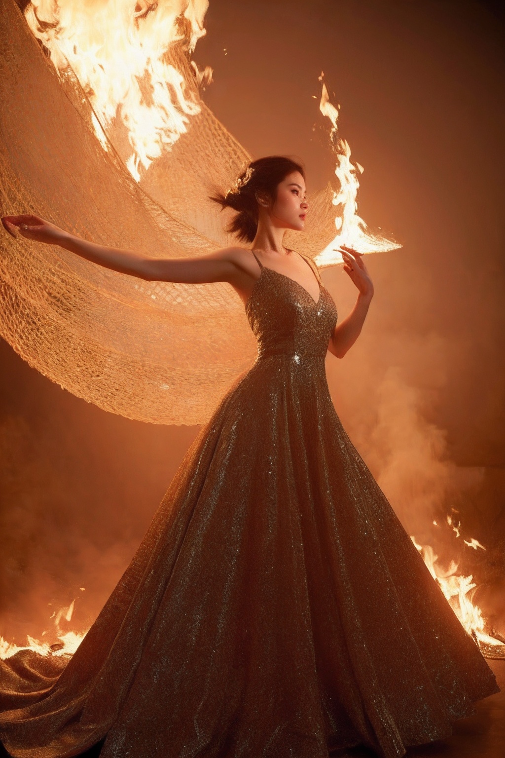 (8k, Best Quality, Masterpiece),Super Detail,(High Detail skin),High fashion photo shoots,long dresses,dynamic poses,<lora:Flame Dragons:1>,jandf,burning,fire,