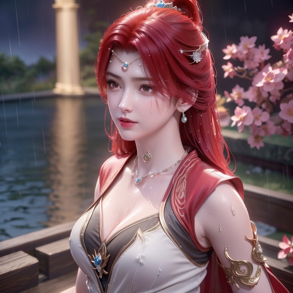 <lora:斗破苍穹-唐火儿:0.8>,red hair,   (,1girl, ,best quality, ),looking at viewer, ,ultra detailed 8k cg, ultra detailed background,  ultra realistic 8k cg,          cinematic lighting, cinematic bloom, (( , )),,  , unreal, science fiction,  luxury, jewelry, diamond, pearl, gem, sapphire, ruby, emerald, intricate detail, delicate pattern, charming, alluring, seductive, erotic, enchanting, hair ornament, necklace, earrings, bracelet, armlet,halo,masterpiece, (( , )),,  ,cherry blossoms,(((, night,night sky,,  ultra high res, (photorealistic:1.4), raw photo, 1girl, , rain, sweat, ,wet, )))(( , ))   (cleavage), (),
