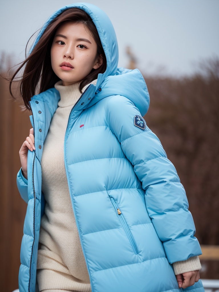 This is a photograph of a young Asian woman with fair skin, dark brown hair, and expressive eyes. She wears a light blue, puffy winter coat with a hood that she holds up with her left hand, revealing a gold ring on her ring finger. The background is dark, emphasizing her face and the texture of the coat. The image captures a sense of mystery and calm.