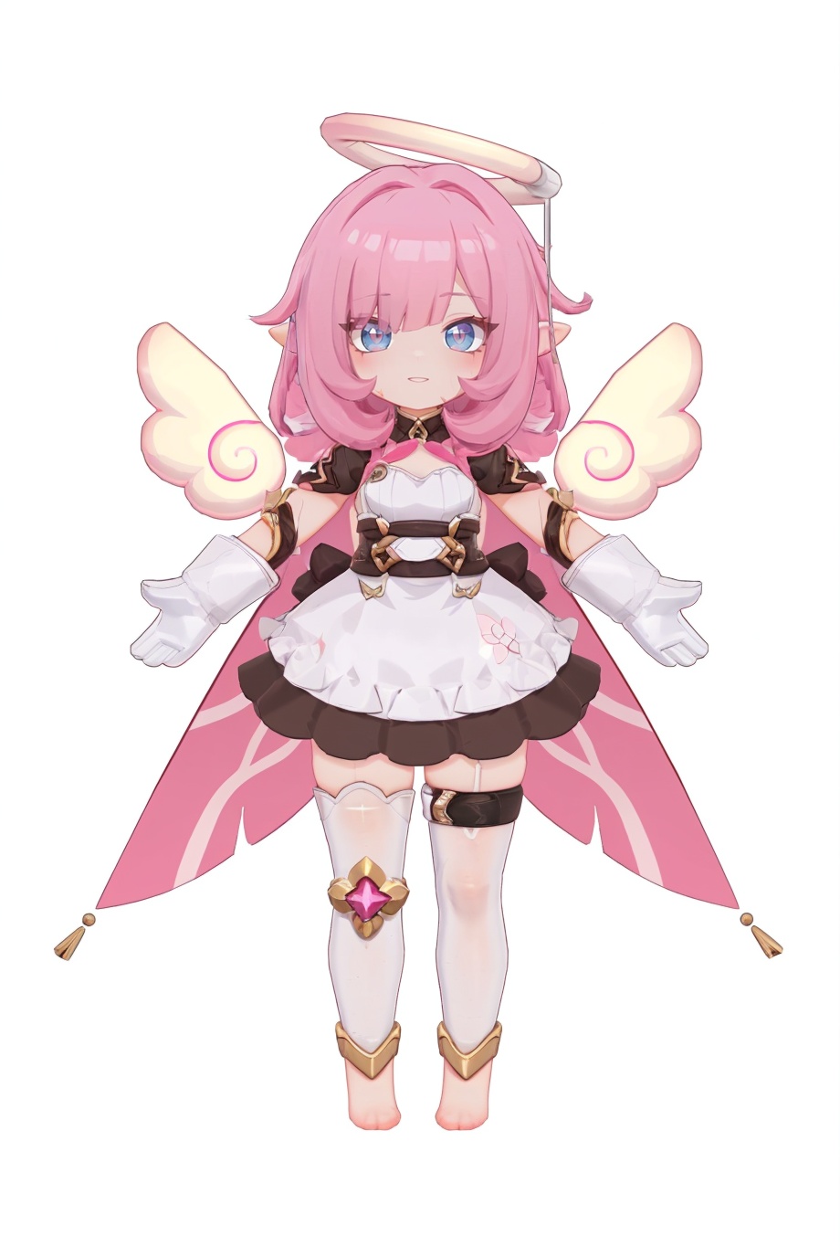 8k,best quality,masterpiece,(ultra-detailed),(high detailed skin),(by nanoless, by misumi \(macaroni\),:0.5),A full-body portrait of a young girl,standing gracefully,pastel art style,high-key lighting,shoujo manga influence,hd quality,delicate details,full body,full shot,standing,looking at viewer,(solo:1.2),simple background,(white background:1.2),<lora:Elysia-sd-Tanger-000019:0.8>,elysia \(honkai impact\),Elysiamini,clothes: Elysiamini white dress,Elysiamini halo,1girl,pink hair,white gloves,blue eyes,Elysiamini thighhighs,bangs,wings,long hair,pointy ears,mismatched legwear,asymmetrical legwear,chibi,