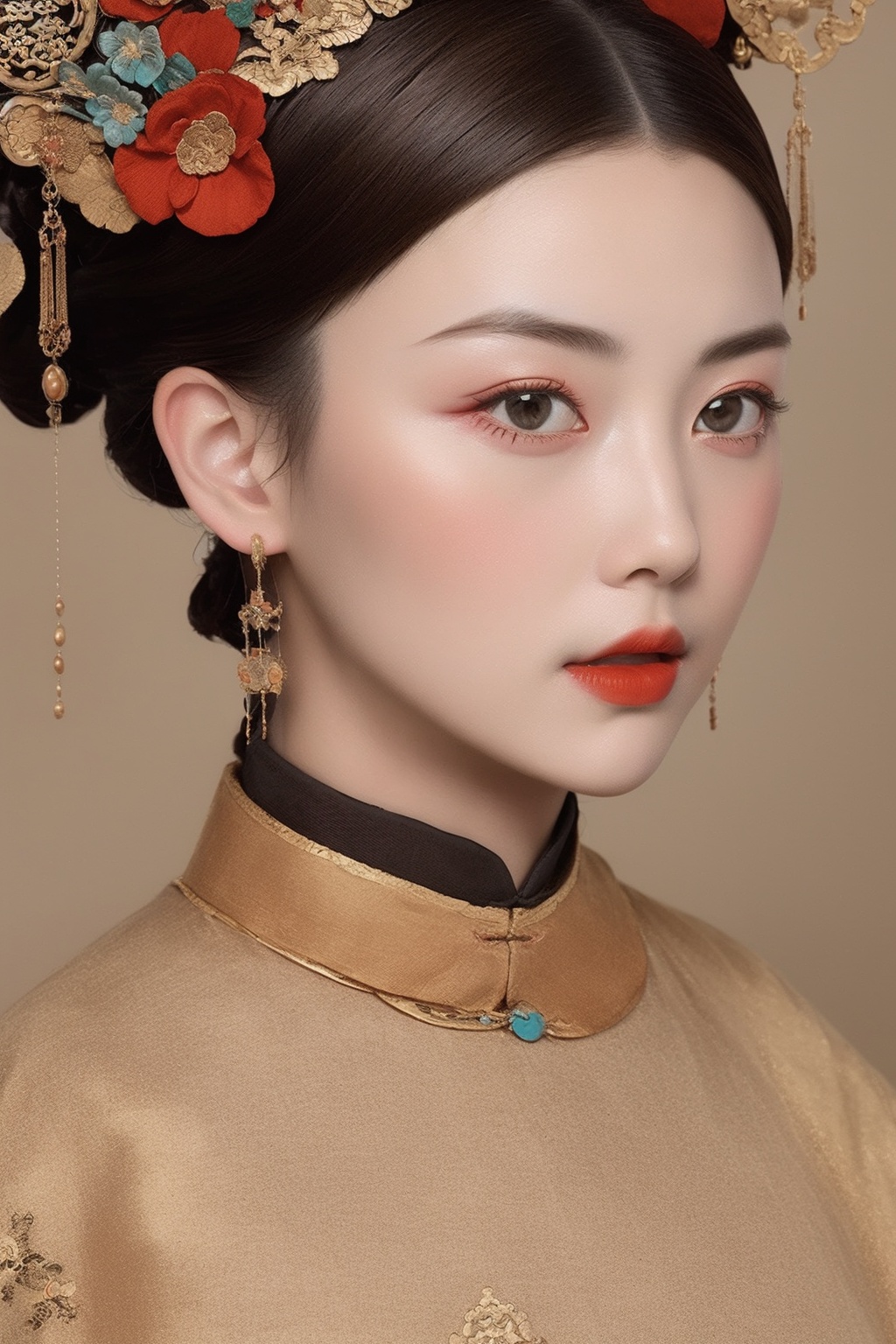 <lora:贵妃:1>,best quality,masterpiece,women of the qing dynasty in china,solid color background,beige_background,