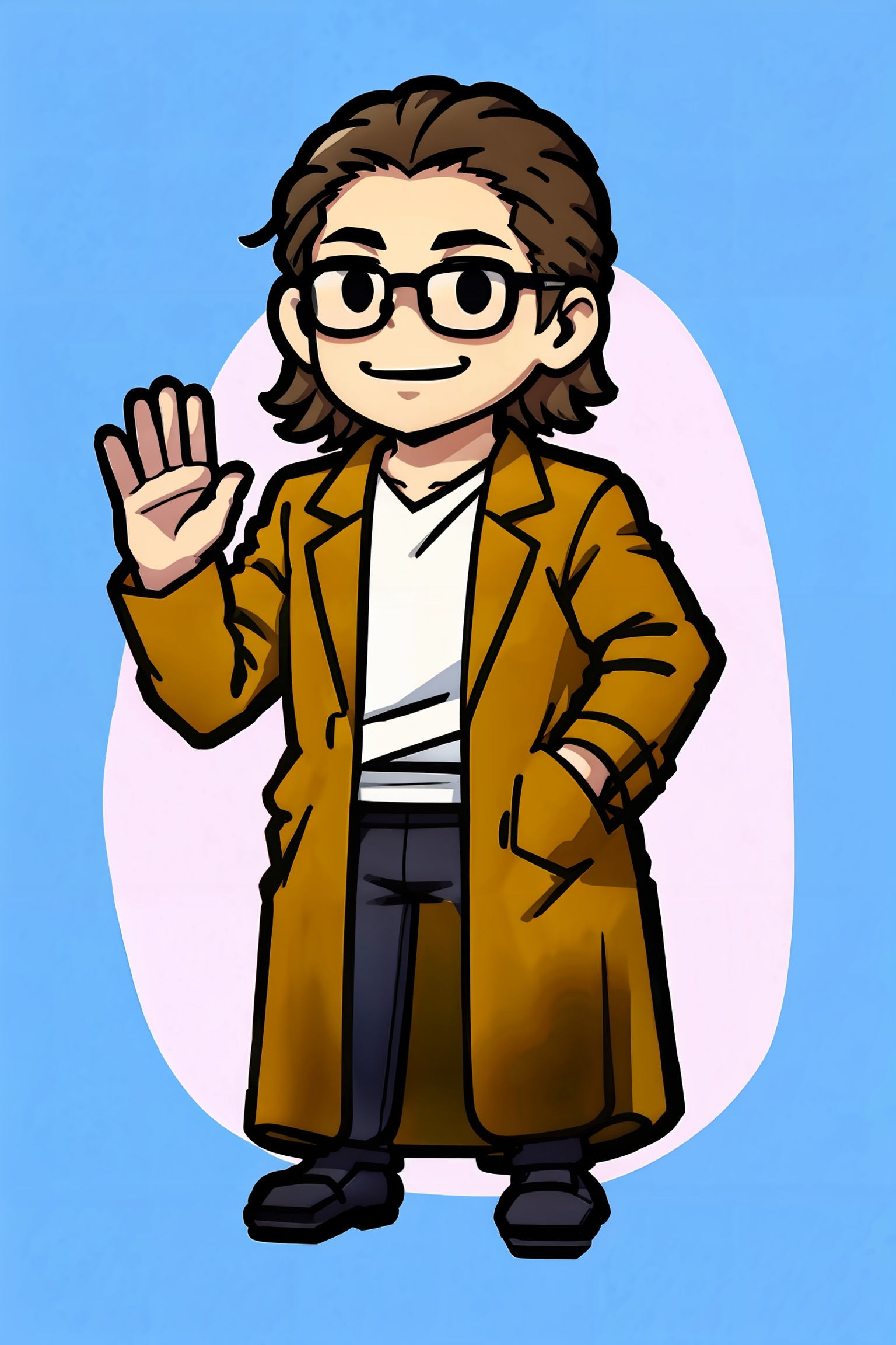 yofardev man with black glasses,  long camel coat,  waving hello on Tensor.Art