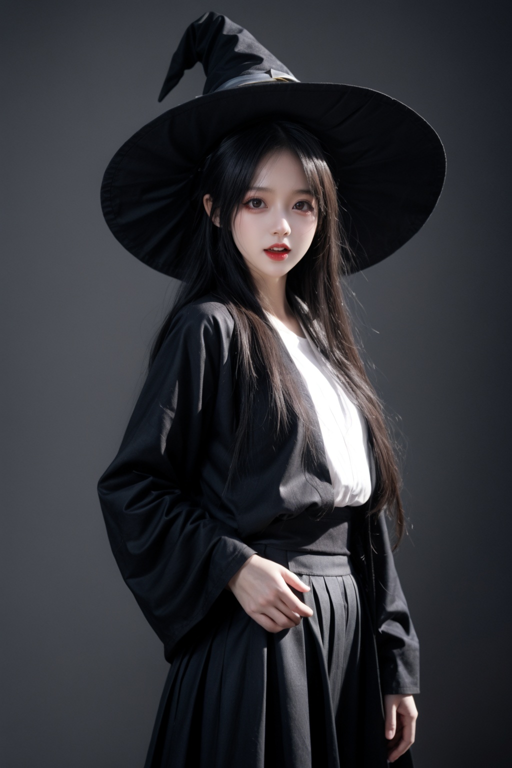 (simple background:1.1),dynamic angle,dark colors BREAK 1girl,solo,white hair,long hair,hair over eyes,witch hat,witch robes,pleated skirt,long sleeves,arms behind back,open mouth,(:o),