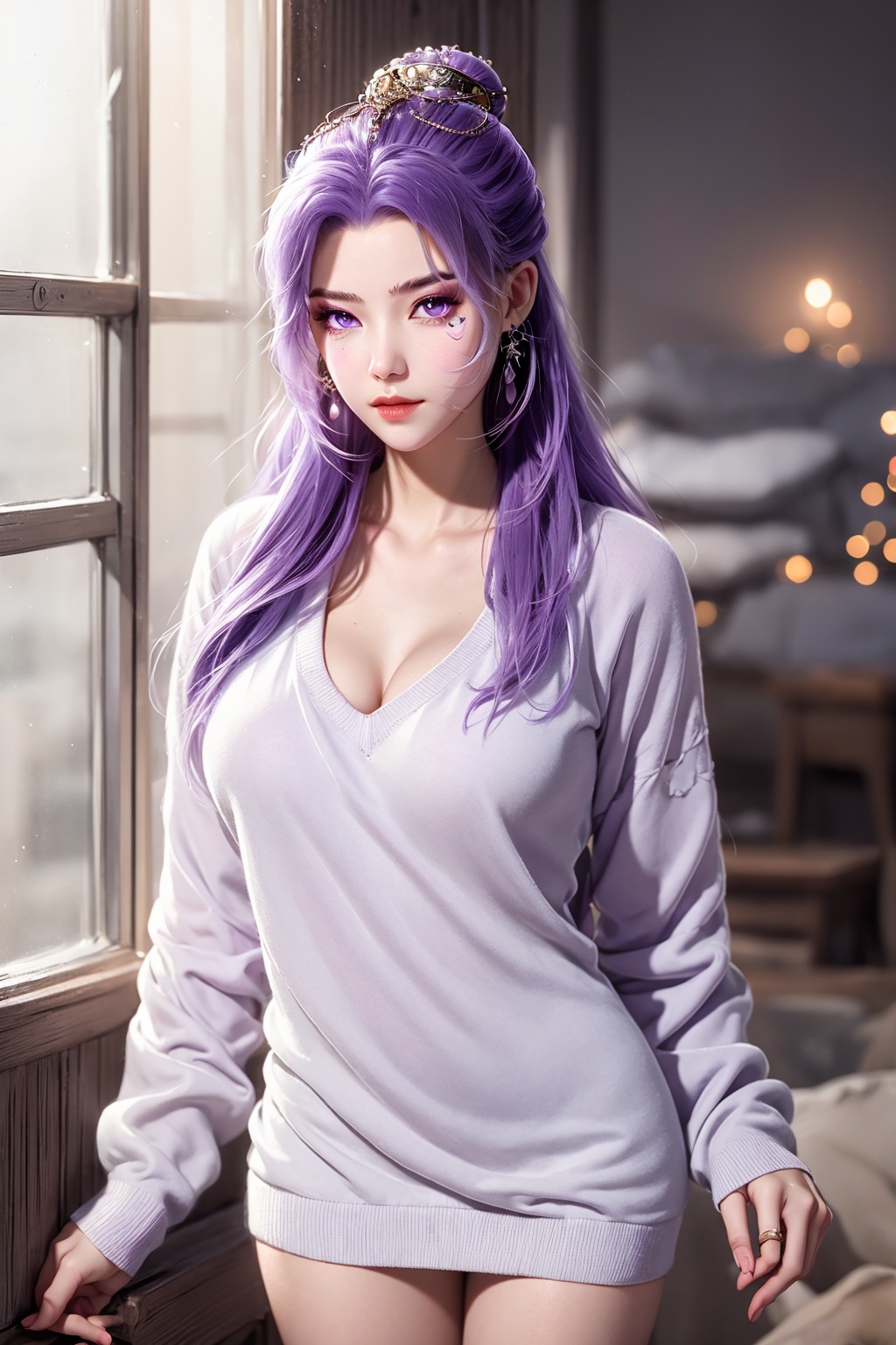 <lora:01云霄第一版:1>,1girl,purple hair,solo,purple eyes,long hair,sweater,earrings,jewelry,hair ornament,breasts,dress,cowboy shot,long sleeves,looking at viewer,closed mouth,hair bun,facial mark,indoors,