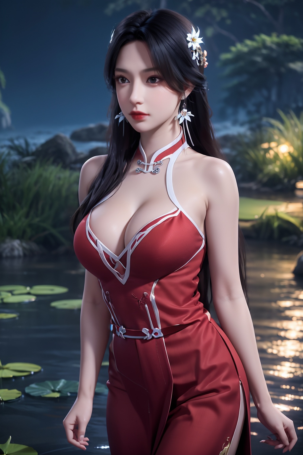 standing,dress,chinese clothes,flower,full_moon,moon,night,lily_pad,lotus,moonlight,nipples,water,night_sky,lily_\(flower\),sky,partially_submerged,1girl,solo,hair ornament,realistic,nail polish,photo_\(medium\),(big breasts, cleavage),makeup,(8k, RAW photo, best quality, masterpiece:1.2),(realistic, photorealistic:1.3),ultra-detailed,extremely detailed cg 8k wallpaper,(crystalstexture skin:1.2),extremely delicate and beautiful,(sexy pose:1.2),chinese dress,