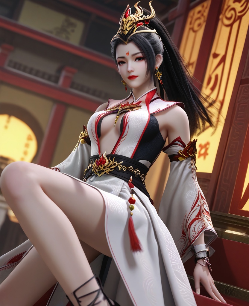 (oriental architecture, elegant decor, sophisticated style:1.1),(leaning back against a wall:1.1),Excitement,(breasts:1.2),<lora:XL16师兄啊师兄玖酒:0.95>,miss jiujiu,white dress,forehead mark,black hair,ponytail,long hair,hair ornament,jewelry,earrings,black slip dress,black high-heeled sandals,red lips,, score_9,score_8_up,score_7_up,score_6_up,score_5_up,score_4_up,3d rendering,tag1,tag2, Cinematic Lighting,backlighting,