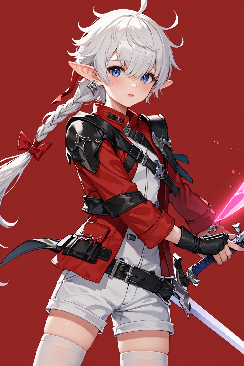 masterpiece,best quality, highly detailed, alisaie leveilleur,1girl, elezen, solo, fingerless gloves, sword, red jacket, looking at viewer, glowing sword, braid, hair over one eye, red gloves, belt, red bow, hair ribbon, white shorts, hair bow, red background, white thighhighs, pink rose,<lora:alisaie_leveilleur:1>