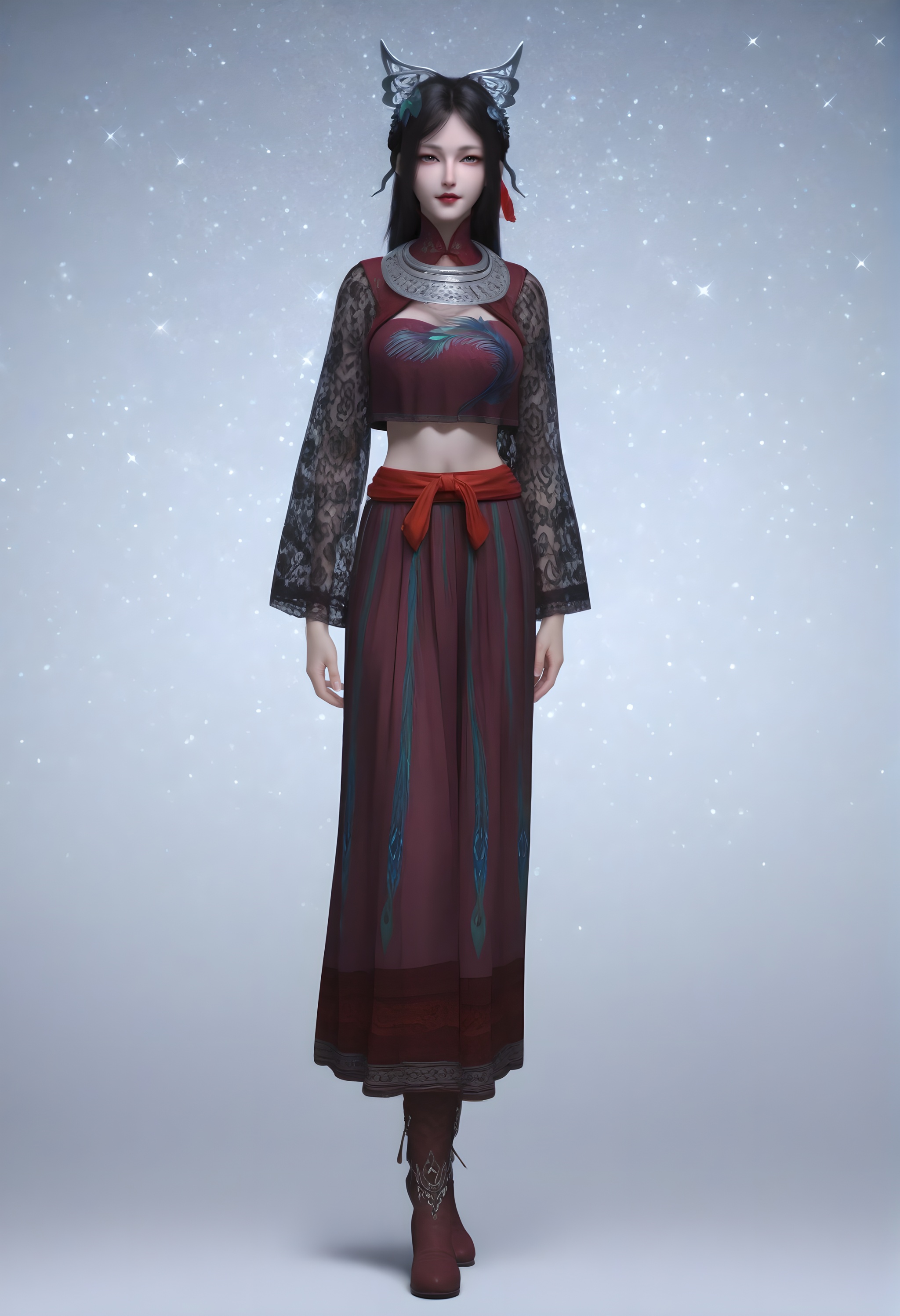 (score_9),<lora:慕雨墨-apony-000009:0.83>,muyumo,1girl,solo,heterochromia,hair ornament,black hair,feather hair ornament,long hair,braid,(bare hand),high collar,silver collar,crop top,lace sleeves,red sash,skirt,long skirt,shoes,boots,mature_female,collarbone,cleavage,navel,groin,mound_of_venus,midriff,BREAK<lora:Expressive_H-000001:0.8>,light blush,Expressiveh,looking at viewer,front view,<lora:e肤色滑块:0.35>,fair_skin,(pale skin),(white_skin),ultra-detailed skin texture,detailed textures,BREAKa,simple background,<lora:e色温:0.25>,sparkle,(sparkle background),4K ultra HD,sharp focus,high detail,high contrast,