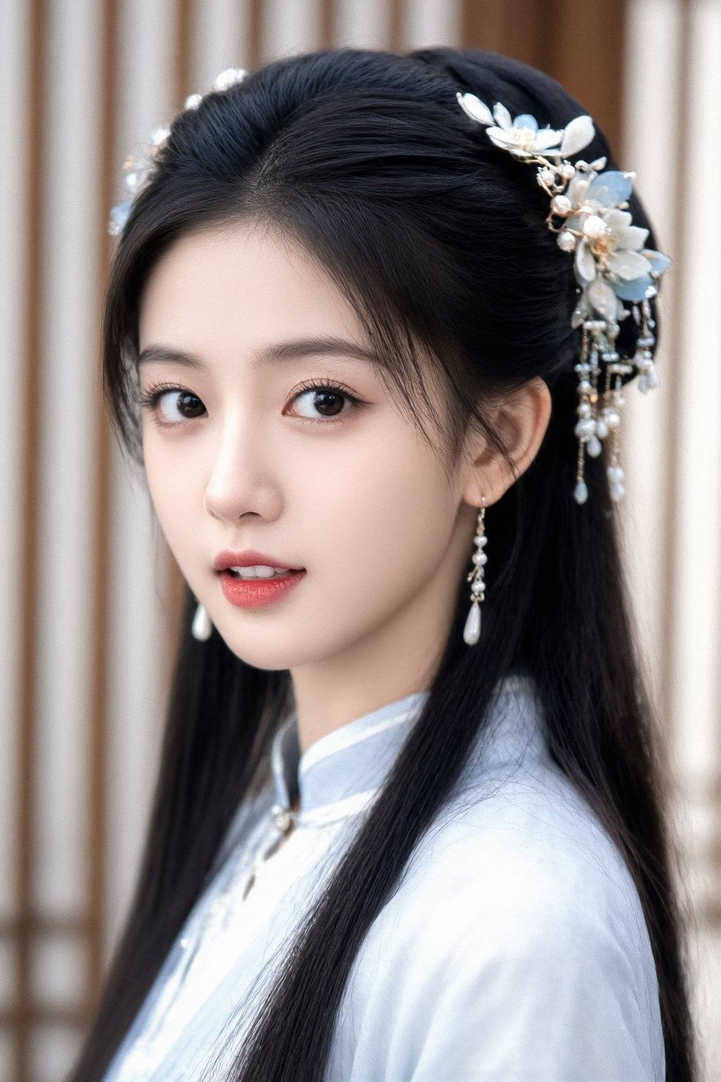 HDR photo of cinematic film still, a young Asian woman with fair skin, delicate features, and large, expressive brown eyes. She has long, straight black hair adorned with intricate floral hair accessories, including white flowers and dangling pearl-like beads. Her lips are slightly parted, showcasing a subtle smile. She wears elegant, dangling earrings and a traditional, light blue outfit with a high collar. The background is softly blurred, featuring vertical wooden slats, suggesting an indoor setting with traditional decor. The image is detailed and lifelike, capturing the subject's serene and composed expression.