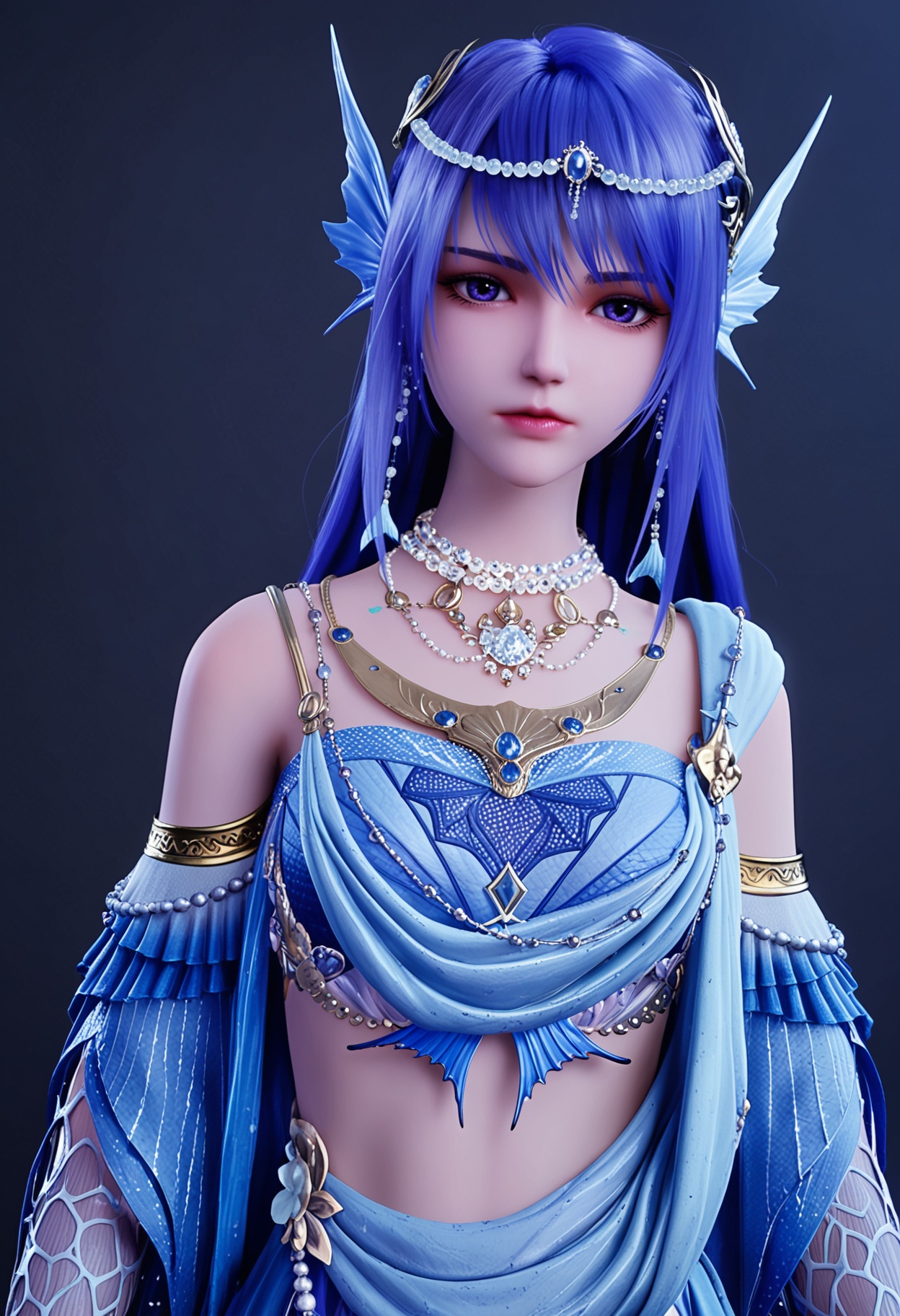 (upper_body:1.1),(looking at viewer:1.1),facing viewer,direct gaze,<lora:YQ_pony_shengcaier_fuzhuang5_V4:0.8>,q1528437228,1girl,solo,blue hair,jewelry,long hair,necklace,hair ornament,blue eyes,earrings,fins,head fins,dress,purple eyes,detached sleeves,blue dress,midriff,purple hair,beads,pearl necklace,skirt,bracelet,BREAK (white skin:1.1),(fair skin:1.1),(Ivory skin:1.1),(shiny skin),perfect anatomy,(simple background,pure black background,black background:1.1),