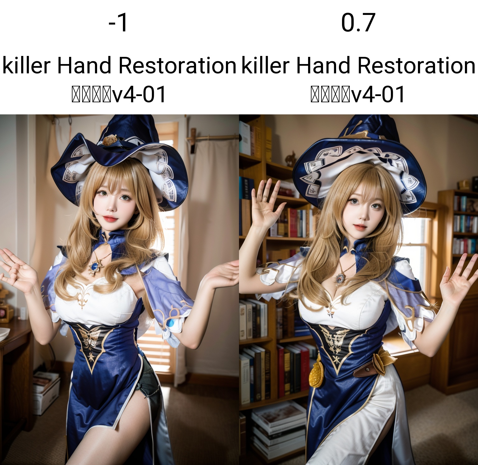 (masterpiece, best quality:1.4),finely detailed,1girl,solo,pale skin,perfect body,standing,<lora:killer原神丽莎v1.0-000008:0.75>,large breasts,dress,lisa (genshin impact),witch hat,blonde hair,indoor,(waving:1.2),(cowboy_shot:1.2),<lora:killer Hand Restoration 手部修复v4-01:-1>,