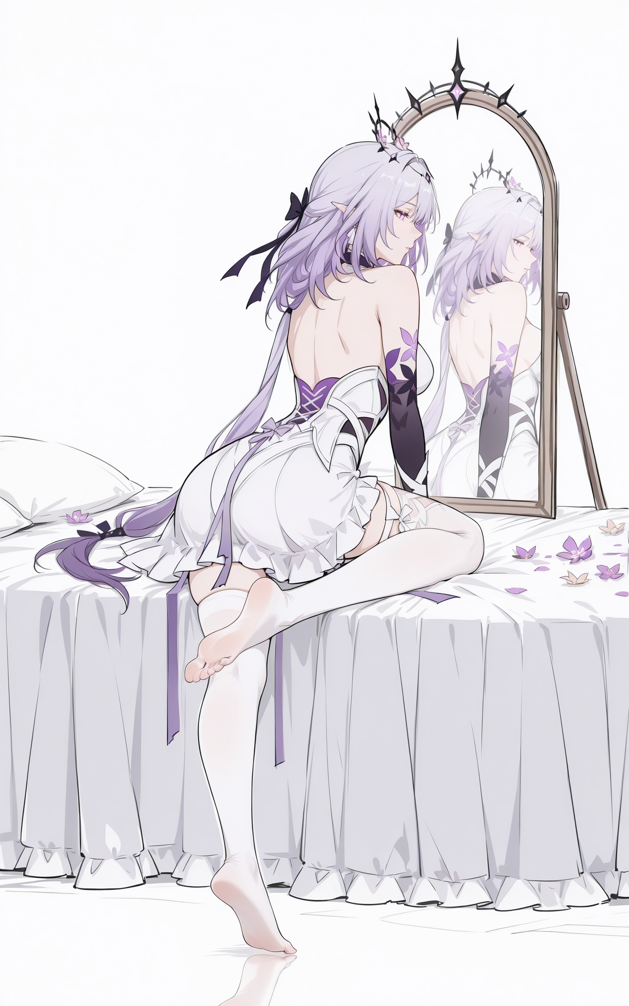 <lora:illustrious_Simple Flat Coloring_v2-000028:0.75>,Simple Flat Coloring,sketch,line,simple background,white background,Agm,<lora:xl-ill-castorice(honkai_star rail)_v1-000010:0.8>,castorice\(honkai:star rail\),1girl,pointy ears,mirror,long hair,gloves,solo,purple eyes,dress,thighhighs,sitting,soles,reflection,white thighhighs,white dress,purple hair,feet,elbow gloves,flower,barefoot,bare shoulders,toes,no shoes,breasts,black gloves,very long hair,full body,hair ornament,on bed,