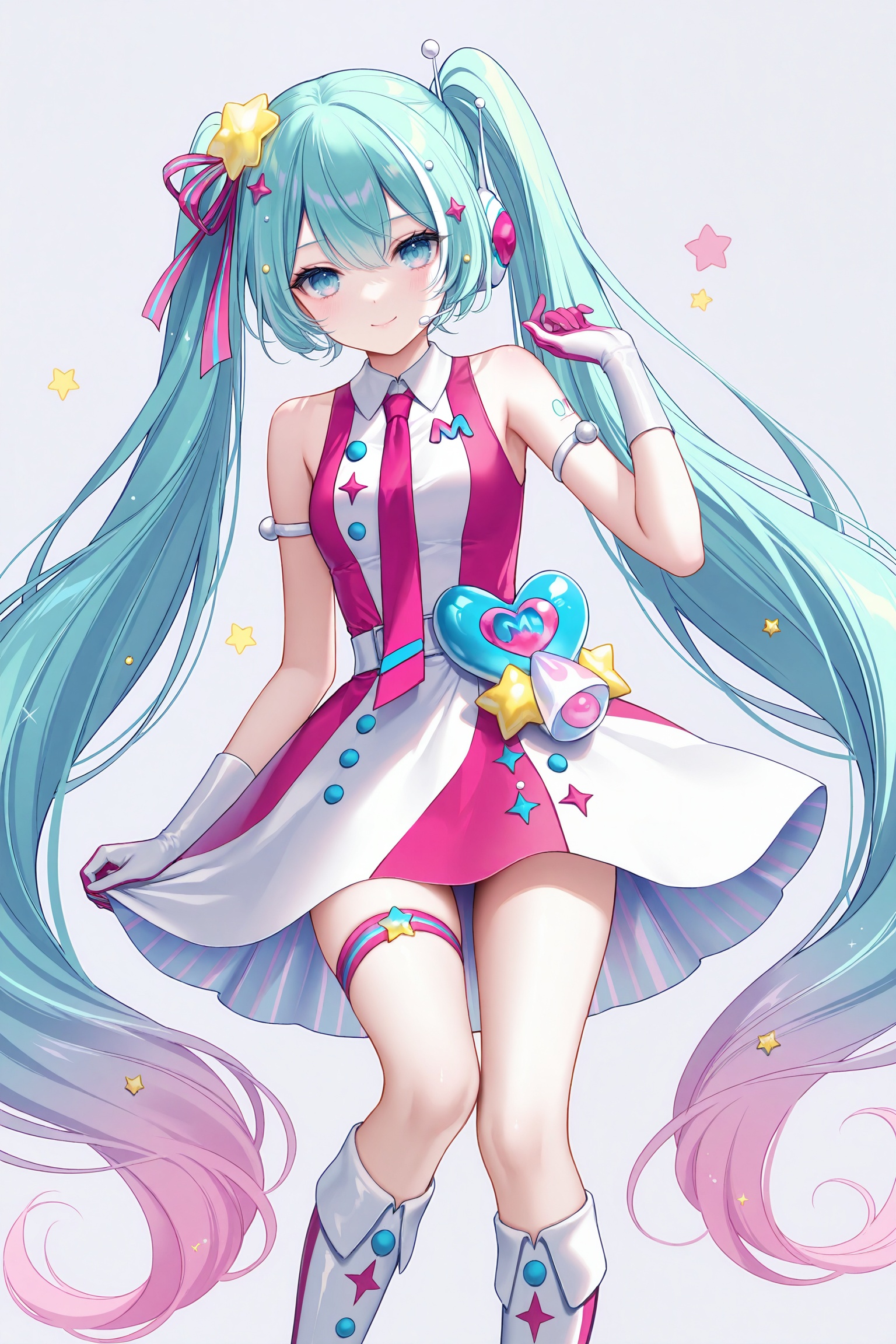 masterpiece,best quality,newest,absurdres,highres,soft shadows,photorealistic,(chen bin:0.5),(hiten \(hitenkei\):0.4),(rimuu:0.5),(mignon:0.5),(sheya:0.6),<lora:MMM2022XLNAI:1>,magical mirai miku \(2022\),necktie,multicolored hair,hair ornaments,multicolored dress,white dress,pink dress,knee boots,thigh strap,multicolored gloves,ribbon,