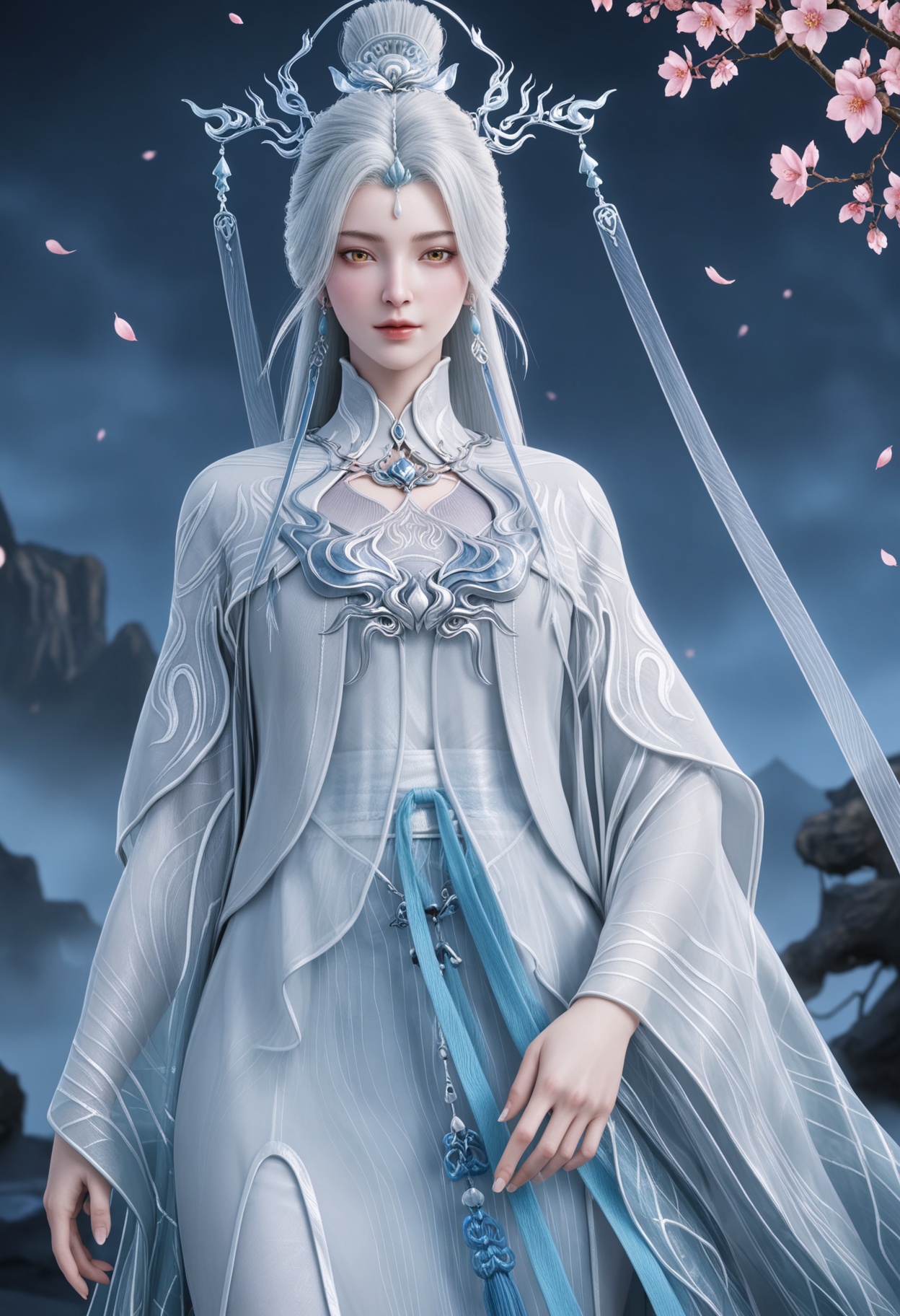 (cowboy shot:1.2),(looking at viewer:1.1),masterpiece,(best quality),smog,Dark room,dim lighting,peach blossom,falling petals,<lora:YQ_Illustrious光辉v5_剑妈_服装2_V1:0.8>,q1528437228,solo,1girl,white hair,long hair,jewelry,hair ornament,earrings,hair bun,chinese clothes,dress,long sleeves,white dress,yellow eyes,wide sleeves,forehead mark,brown eyes,robe,single hair bun,tassel,facial mark,