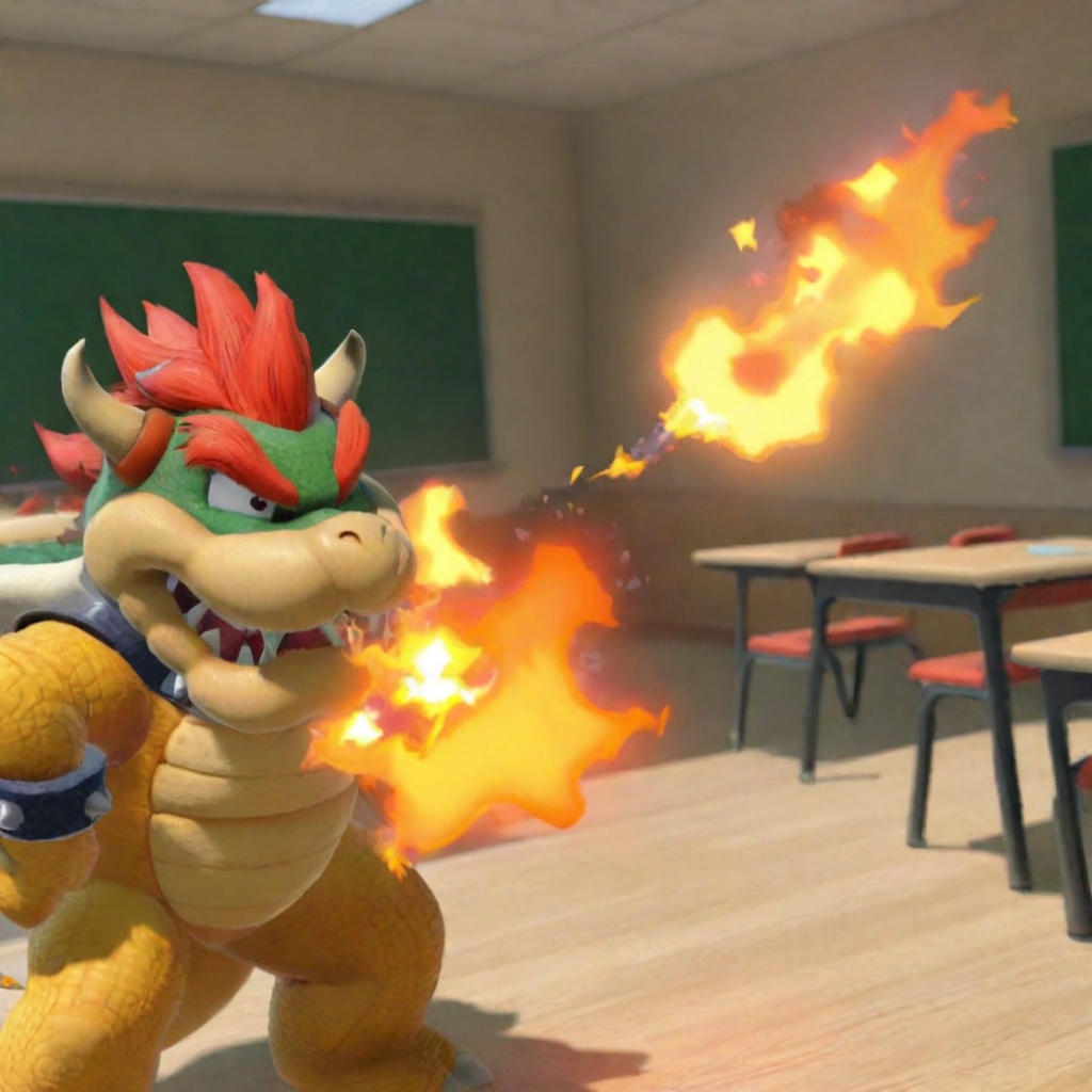 Bowser breathing fire in classroom,  realistic on Tensor.Art