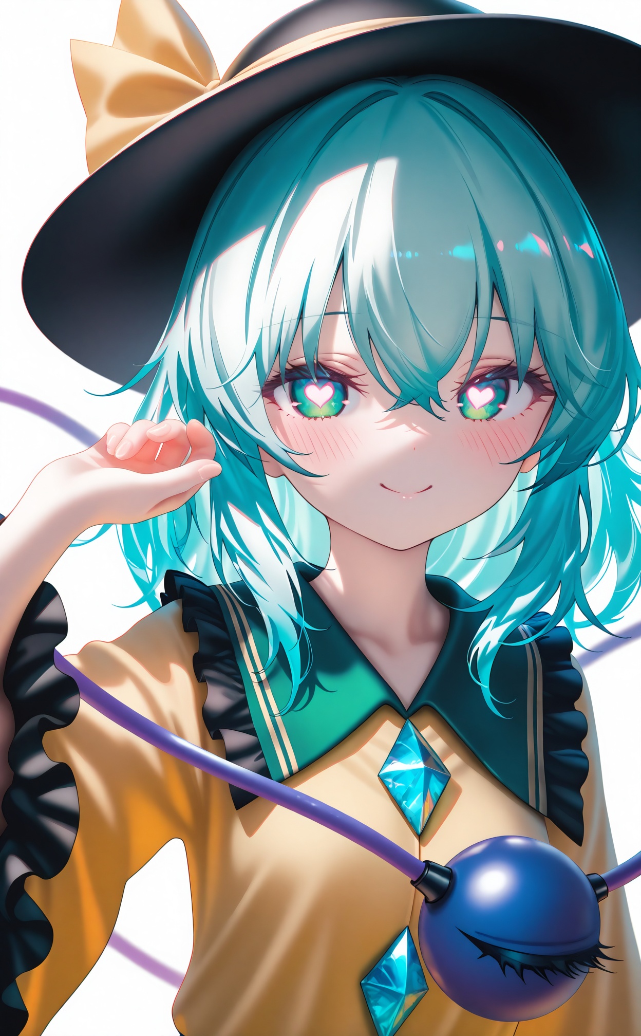 masterpiece,highres,absurdres,newest,best quality,high quality,loli,petite,chromatic_aberration,//,masterpiece, best quality, 1girl, komeiji_koishi, solo, heart, hat, yellow_shirt, third_eye, green_eyes, frills, looking_at_viewer, shirt, black_headwear, long_sleeves, white_background, closed_mouth, frilled_sleeves, hair_between_eyes, symbol-shaped_pupils, simple_background, heart-shaped_pupils, smile, ribbon, upper_body, hat_ribbon, aqua_hair, wide_sleeves, frilled_shirt_collar, fingernails, medium_hair, blue_ribbon, green_hair, blush, hat_bow, eyeball//,//,<lora:MAQ——【CKXL测试】hans:1>,