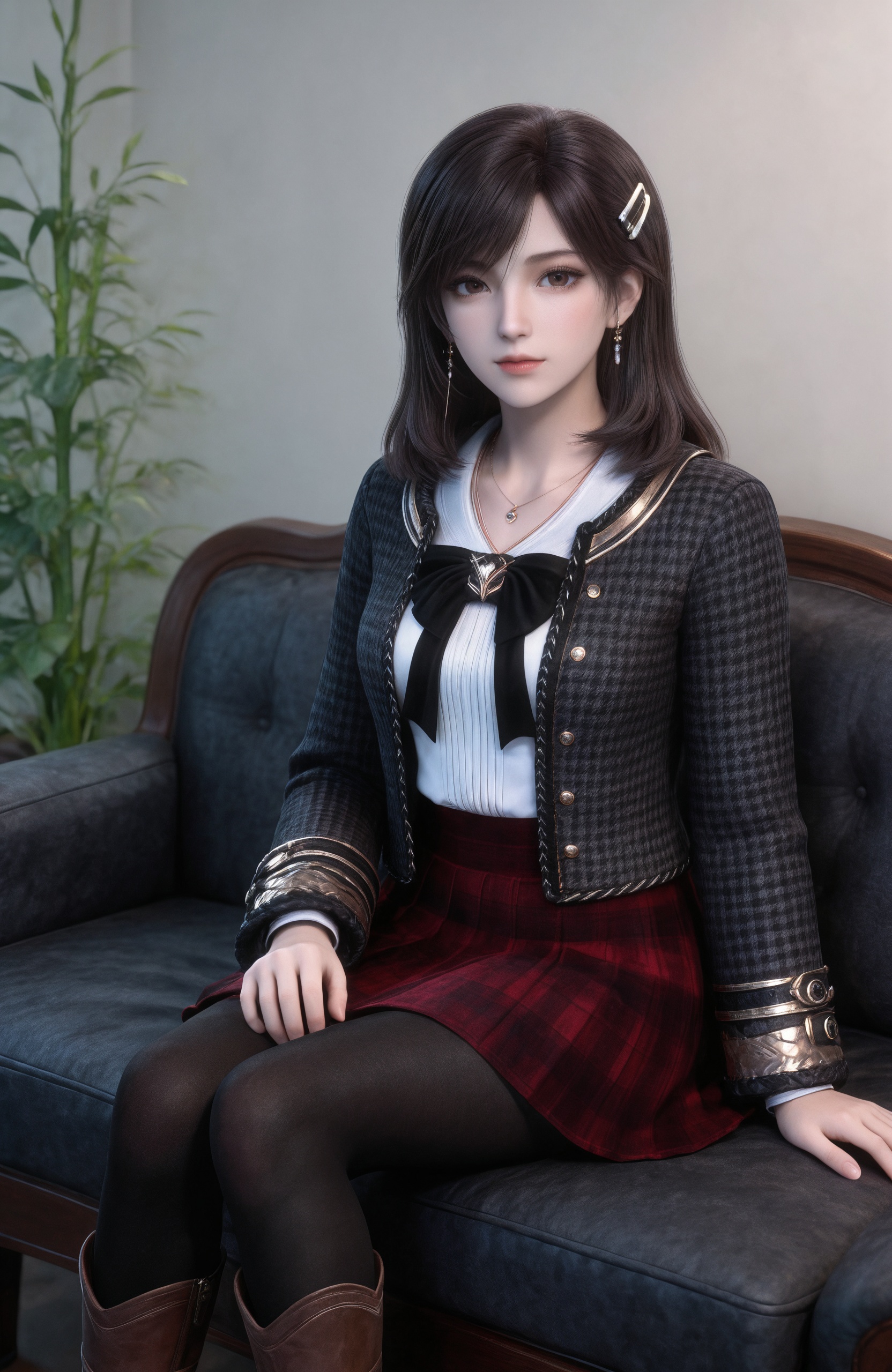<lora:T-吞噬星空-徐欣IL:0.8>1girl, solo, long hair, looking at viewer, skirt, brown hair, black hair, hair ornament, jewelry, sitting, brown eyes, jacket, pantyhose, earrings, boots, hairclip, necklace, black pantyhose, lips, plaid, brown footwear, plaid skirt, couch